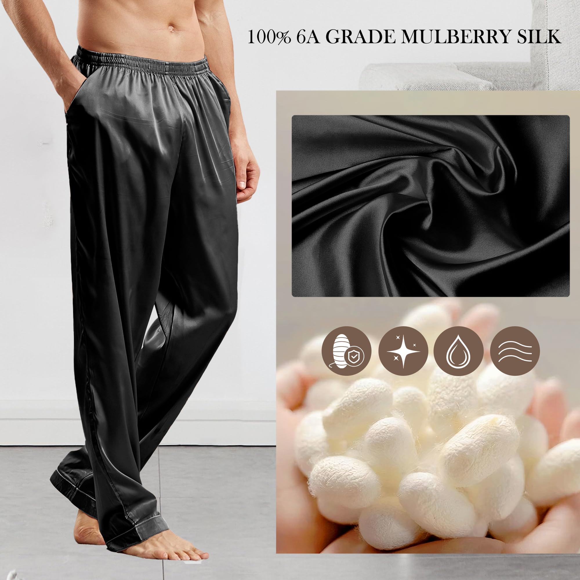 Premium 100% Mulberry Silk Pajama Pants for Men - Luxury Sleepwear, Comfortable Silk Loungewear & Pajama Bottoms for Relaxation, Travel & Home Wear