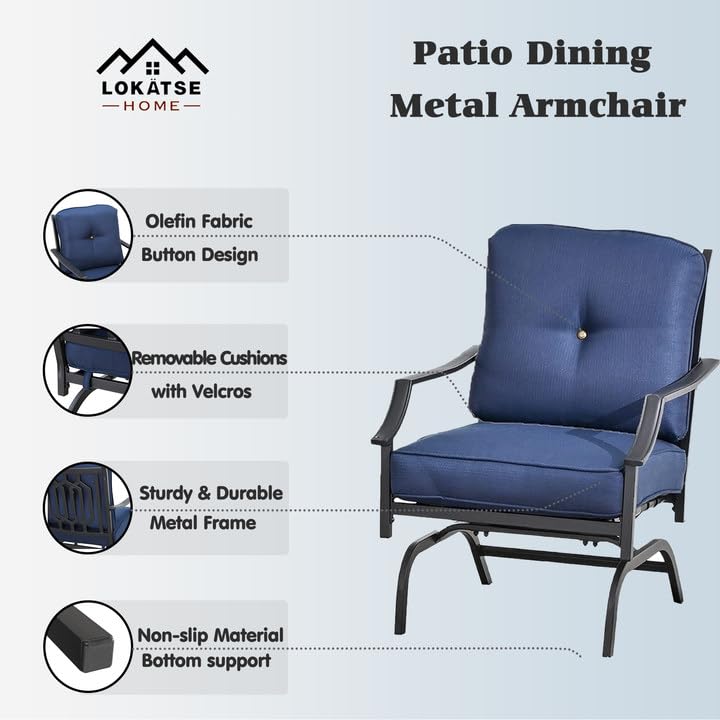 LOKATSE HOME 2-Piece Outdoor Metal Patio Chairs Set with Cushions - Blue Bistro Dining Armchairs for Garden, Balcony, and Backyard Conversation Seating