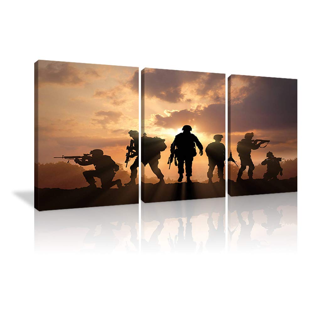 American Soldier Wall Art - Military Army Troops Silhouette Canvas Prints - Modern Home & Office Decor - 3 Panel Framed Ready to Hang - Perfect for Living Room, Bedroom, or Man Cave