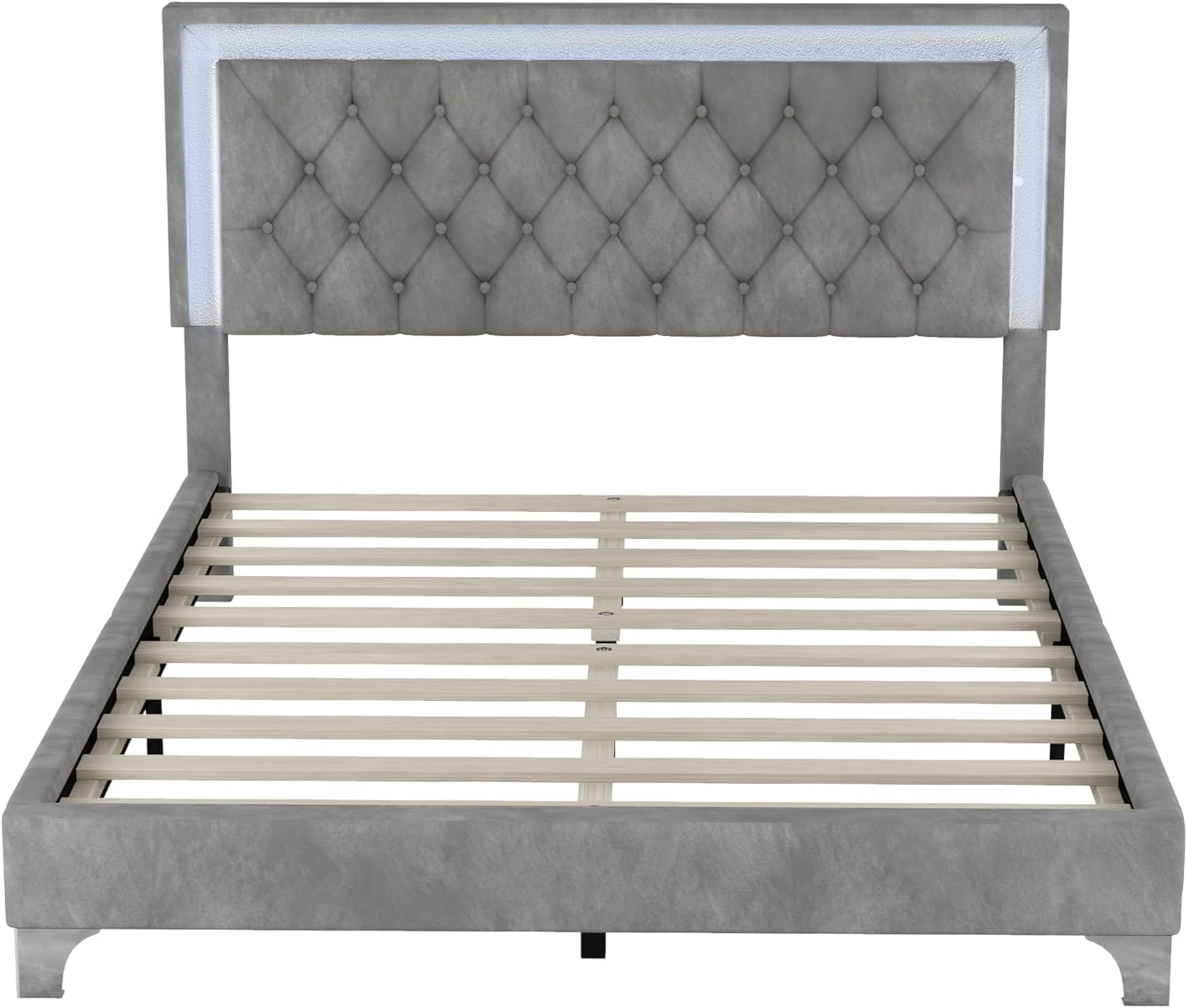 Linique 3-Piece Queen Size Bedroom Set - Velvet Upholstered Platform Bed Frame with LED Lights & Nightstands, Wooden Bed with Button Tufted Headboard in Grey | Modern LED Bedroom Furniture for Master Bedroom, Guest Room & Apartment Decor
