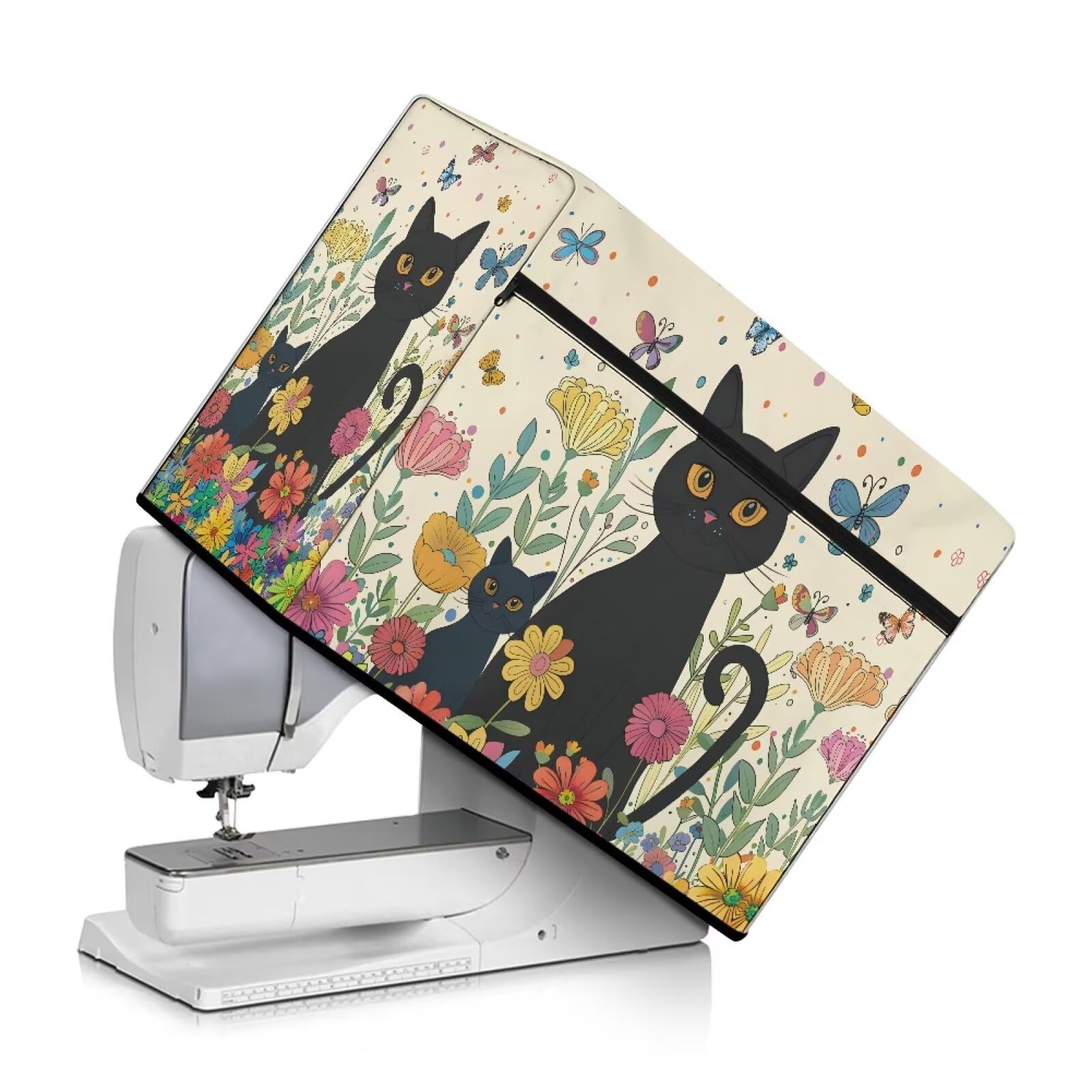 Cat Floral Sewing Machine Cover with Front Pockets & Side Handle - Lightweight Protective Cover for Brother/Singer/Juki Machines - Easy to Clean & Durable Fabric - Perfect for Home Studios & Craft Rooms