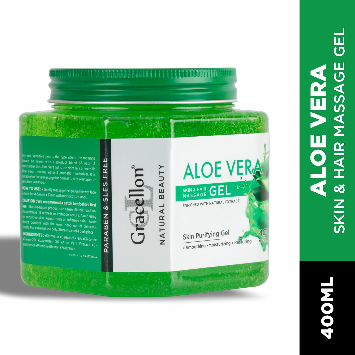 Gracellon Aloe Vera Skin & Hair Purifying Massage Gel - Hydrating & Soothing for Dry Scalp, Sunburn Relief & Daily Hair Care | Perfect for Spa, Home Use & Post-Sun Treatment