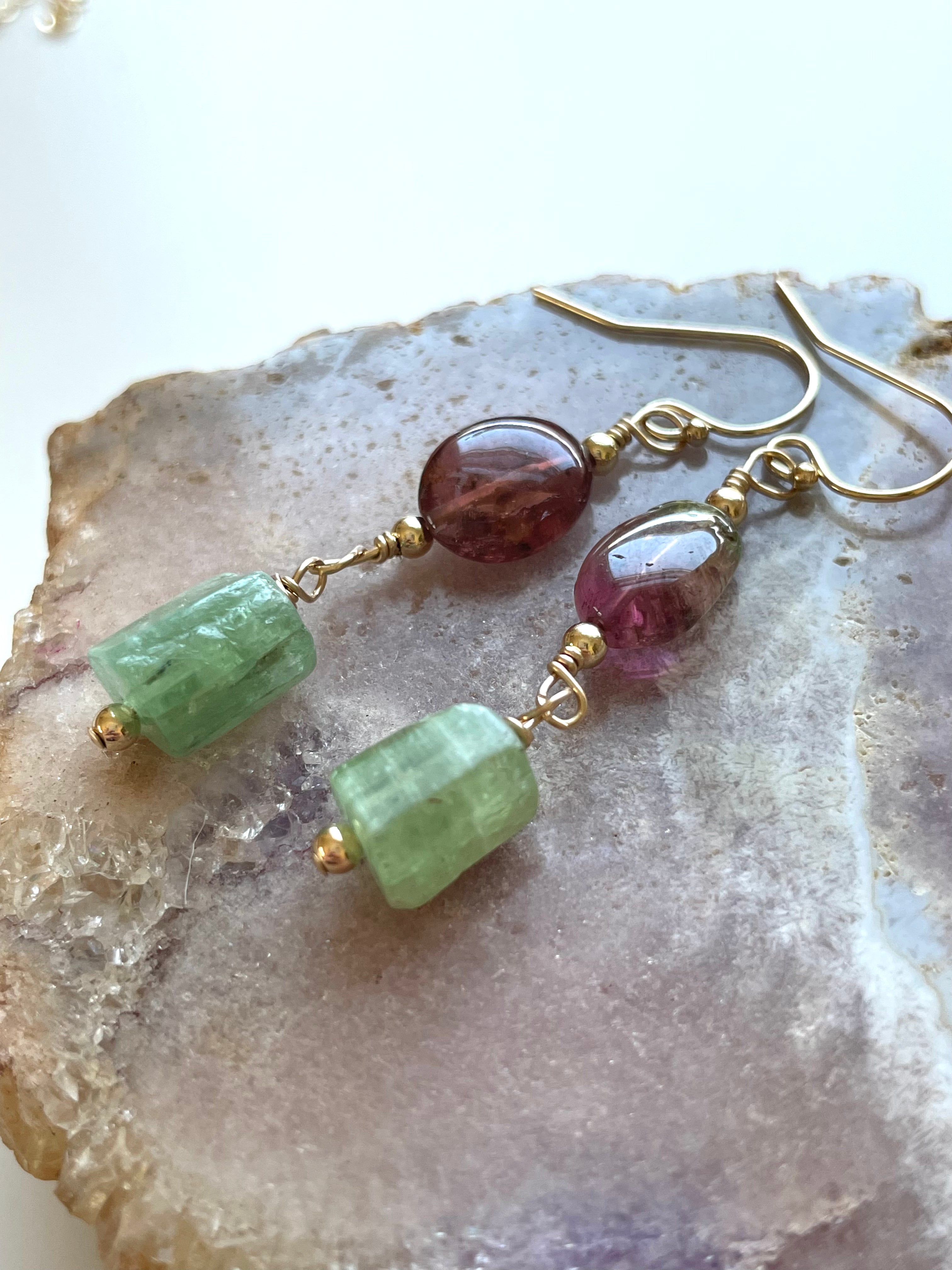 Pink Tourmaline & Green Kyanite Gold Filled Earrings | Healing Crystal Jewelry for Women | Perfect for Meditation, Yoga & Spiritual Gifts