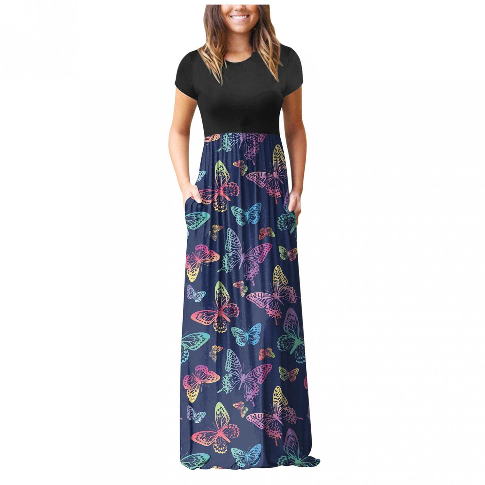 FABIURT Women's Casual Floral Print Short Sleeve Maxi Dress with Pockets - Loose Fit Crew Neck Long Summer Dress for Beach, Vacation & Everyday Wear