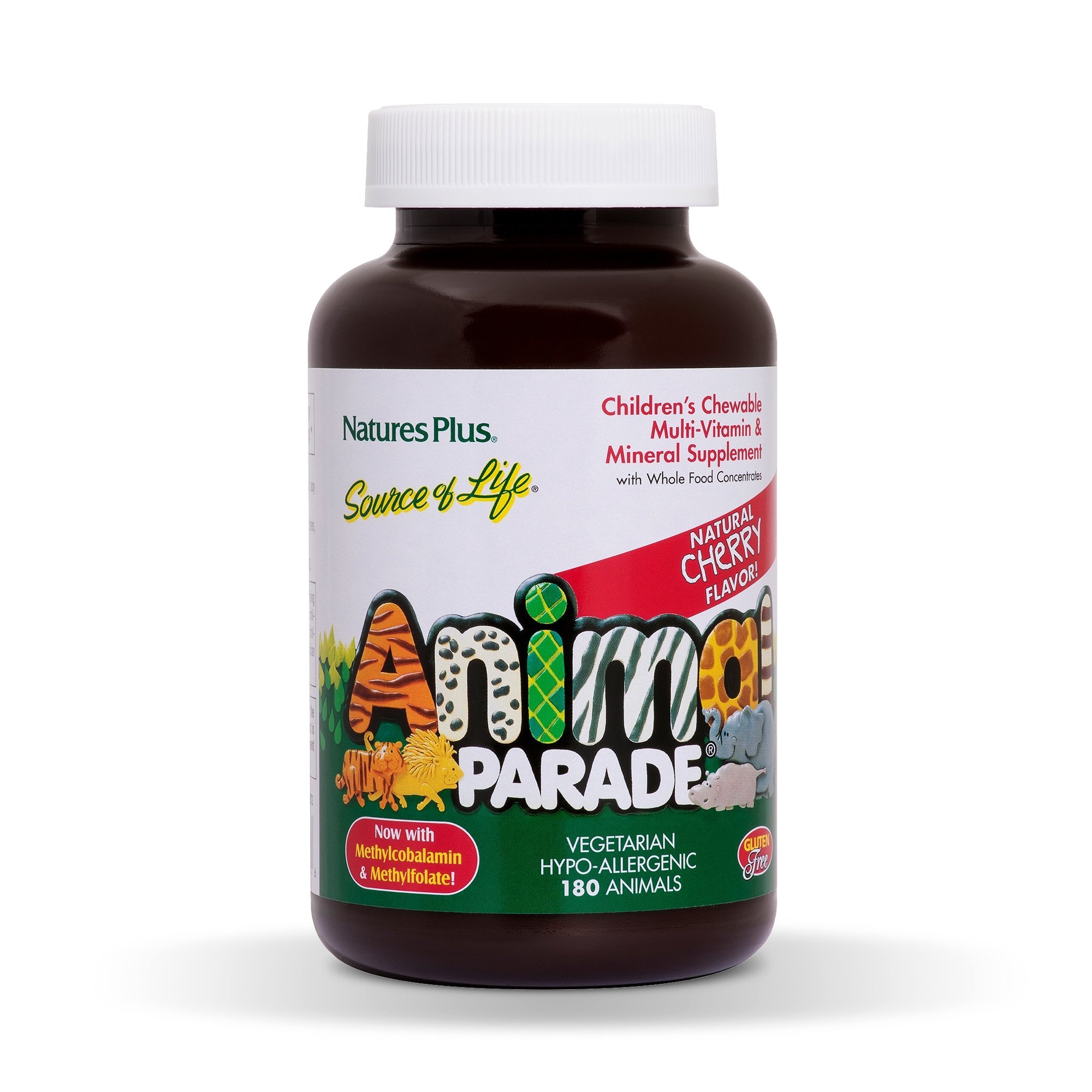 NaturesPlus Animal Parade Kids Chewable Multivitamin - 180 Animal Shaped Tablets - Natural Cherry Flavor - Vegetarian & Gluten Free Supplement - Immune Support & Daily Nutrition for Children - Perfect for Picky Eaters & School Lunchboxes