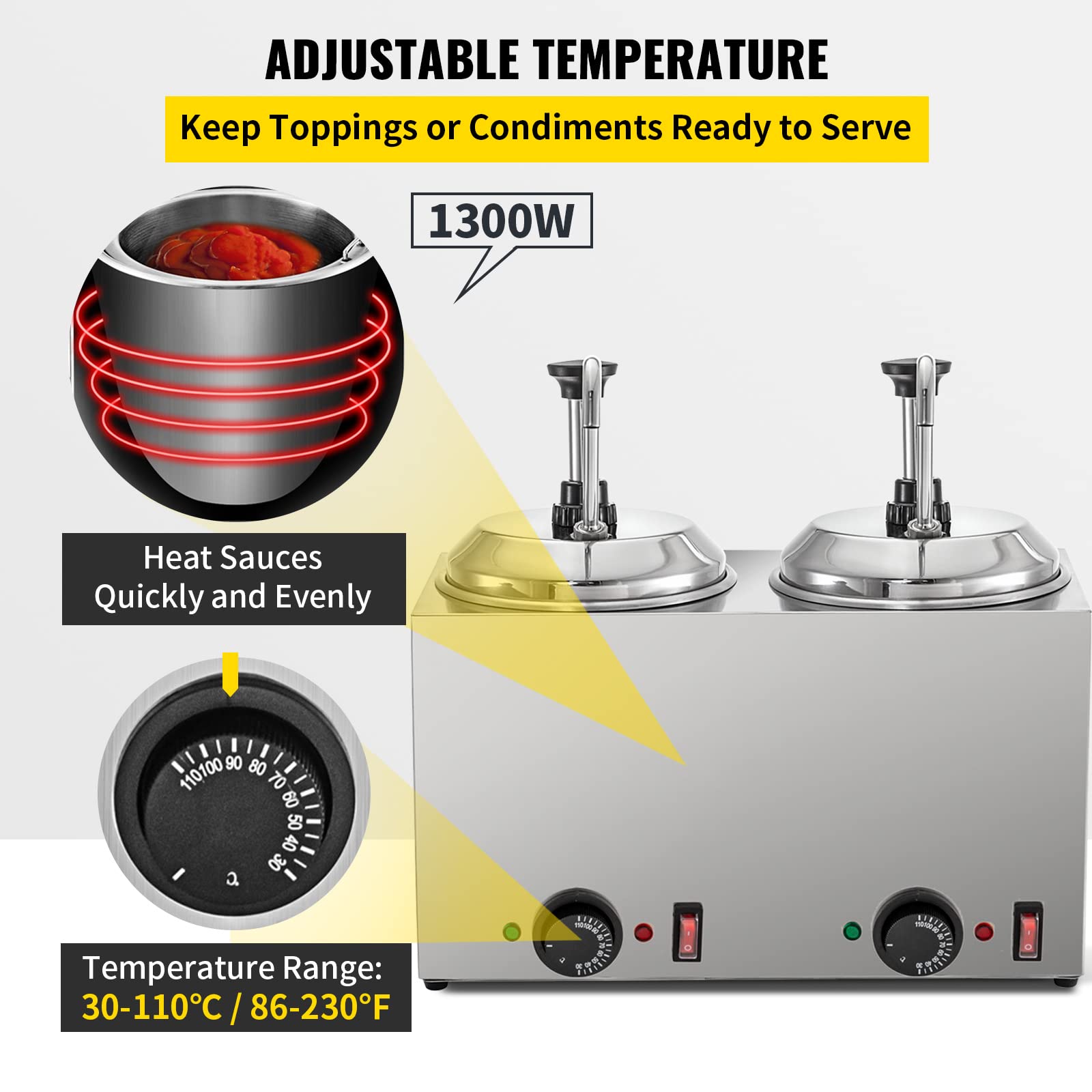 VBENLEM 5.28 Qt Commercial Cheese Dispenser with Pump - 1300W Hot Cheese Warmer & Fudge Warmer with Temperature Control - Perfect for Restaurants, Cafes, and Catering Services - Ideal for Melting Cheese, Chocolate, Caramel, and Fondue