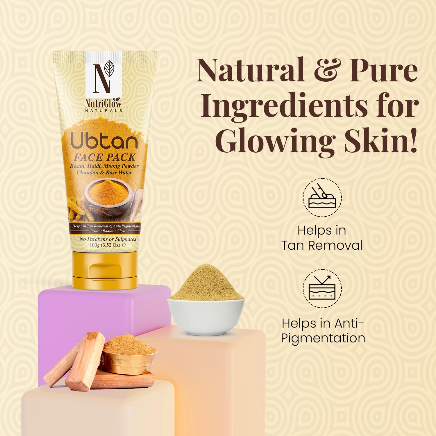 NutriGlow Natural Ubtan Face & Body Pack with Turmeric & Sandalwood for Glowing Skin - 100g | Ayurvedic Skincare for Brightening, Exfoliation & Radiance | Perfect for Bridal Prep, Daily Glow & Spa Days