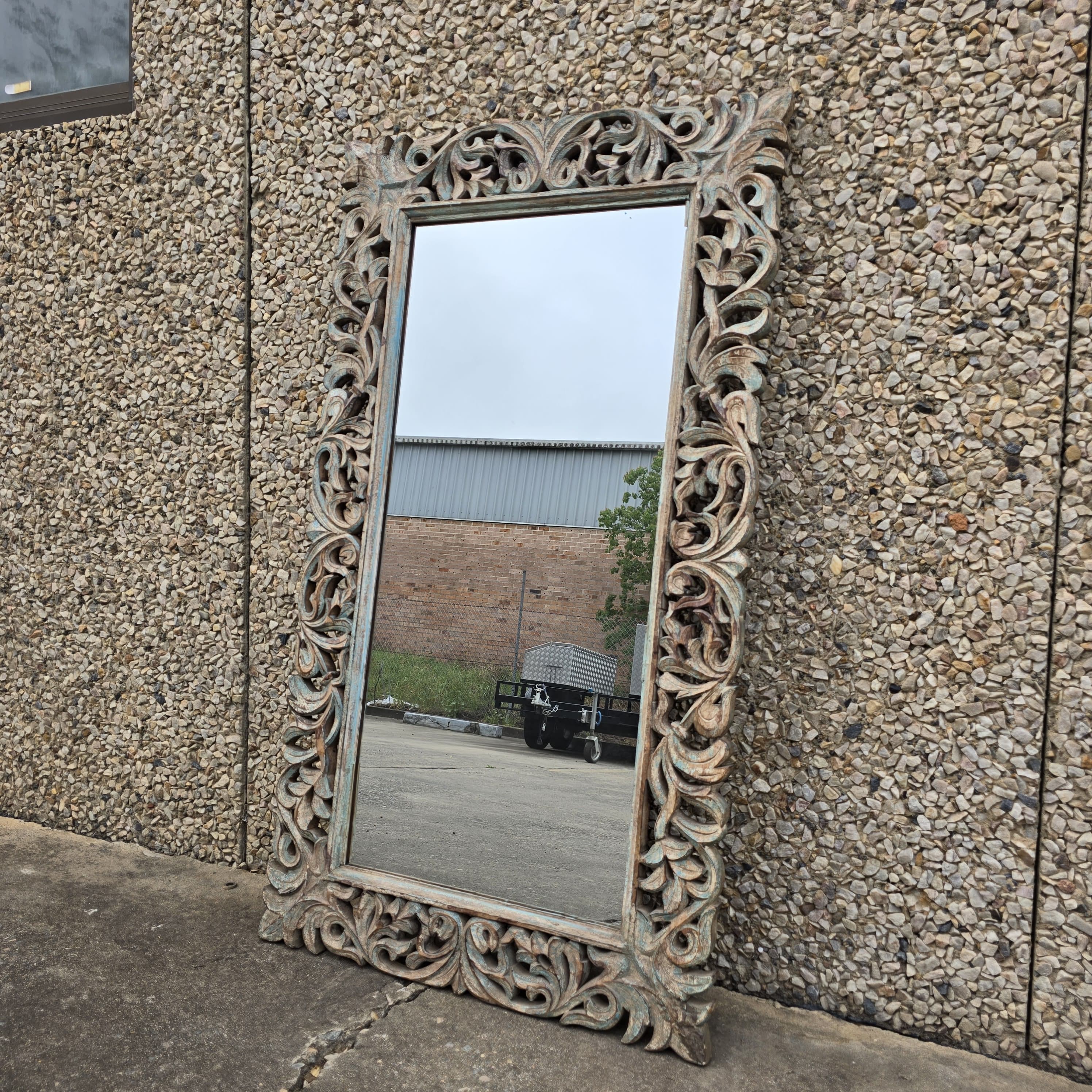 Handcrafted Floral Carved Solid Wood Indian Furniture Mirror Frame - Rustic Home Decor for Living Room, Bedroom & Entryway