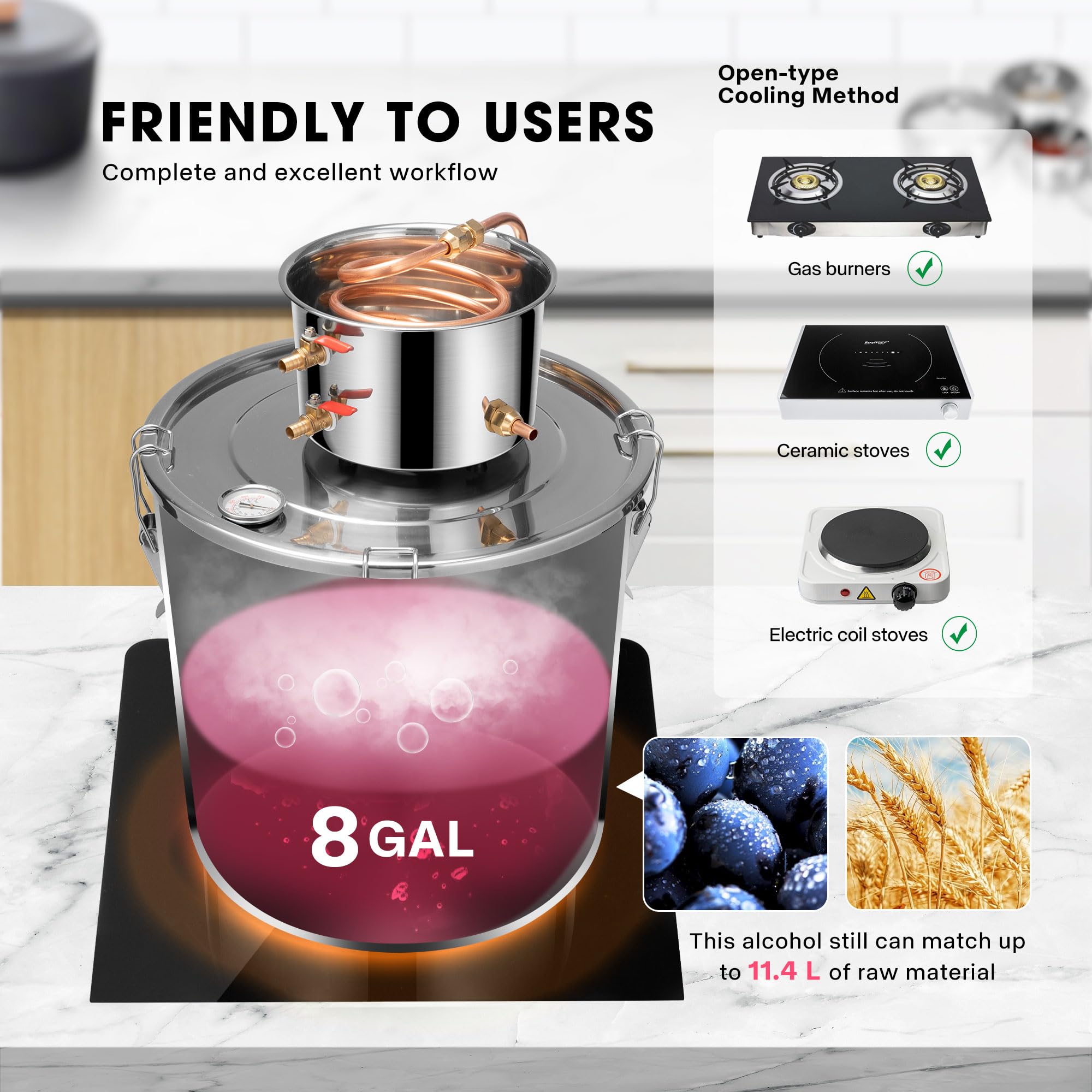 VIVOHOME 8 Gallon Alcohol Still Kit with 2 Stainless Steel Pots, Built-in Thermometer, Water Pump & Hydrometer - Perfect for Home Brewing Whiskey, Wine, Brandy, Bourbon and Essential Oils | Ideal for DIY Distilling, Craft Cocktails & Aromatherapy