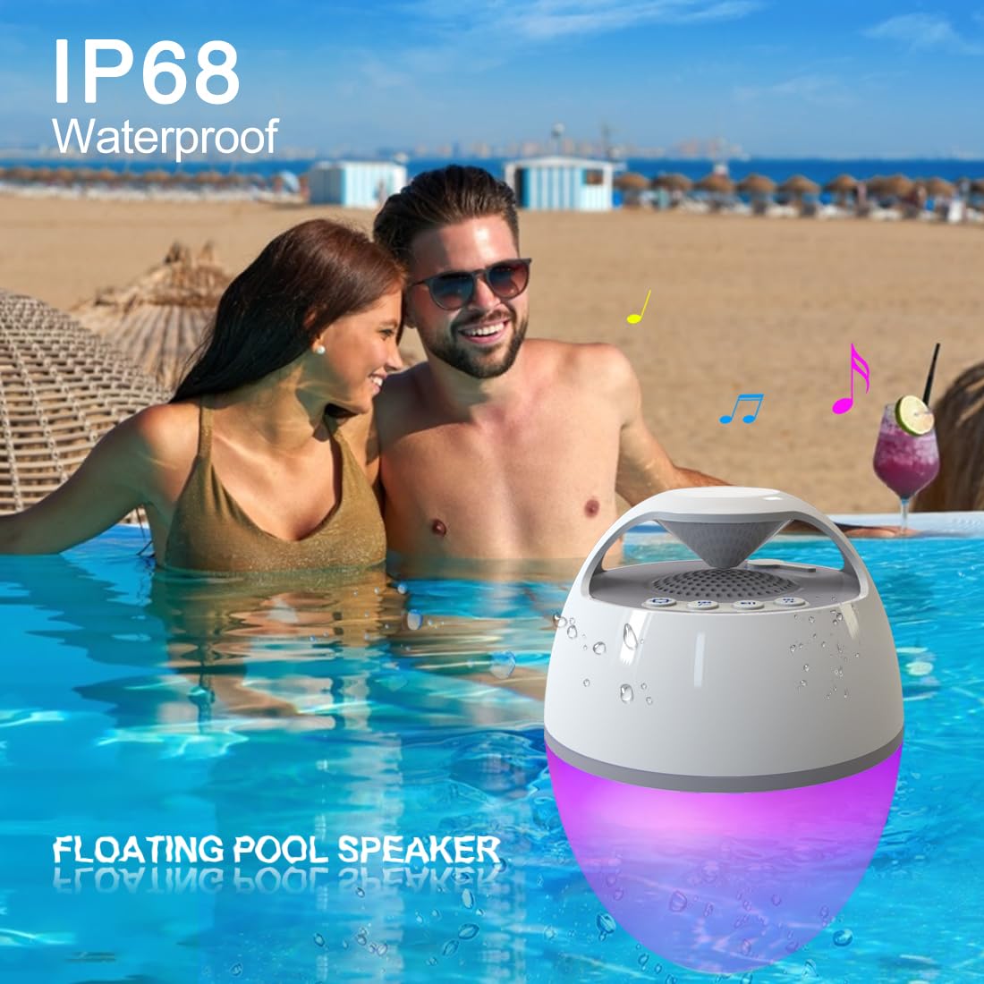 Blufree Floating Pool Speaker with LED Lights - IP68 Waterproof Bluetooth Speaker for Hot Tub, Outdoor Swimming, Beach, Pool Party | Portable, Loud Volume, Rich Bass, Built-in Mic, 82ft Wireless Range - Perfect for Summer BBQs, Backyard Gatherings & Water Activities