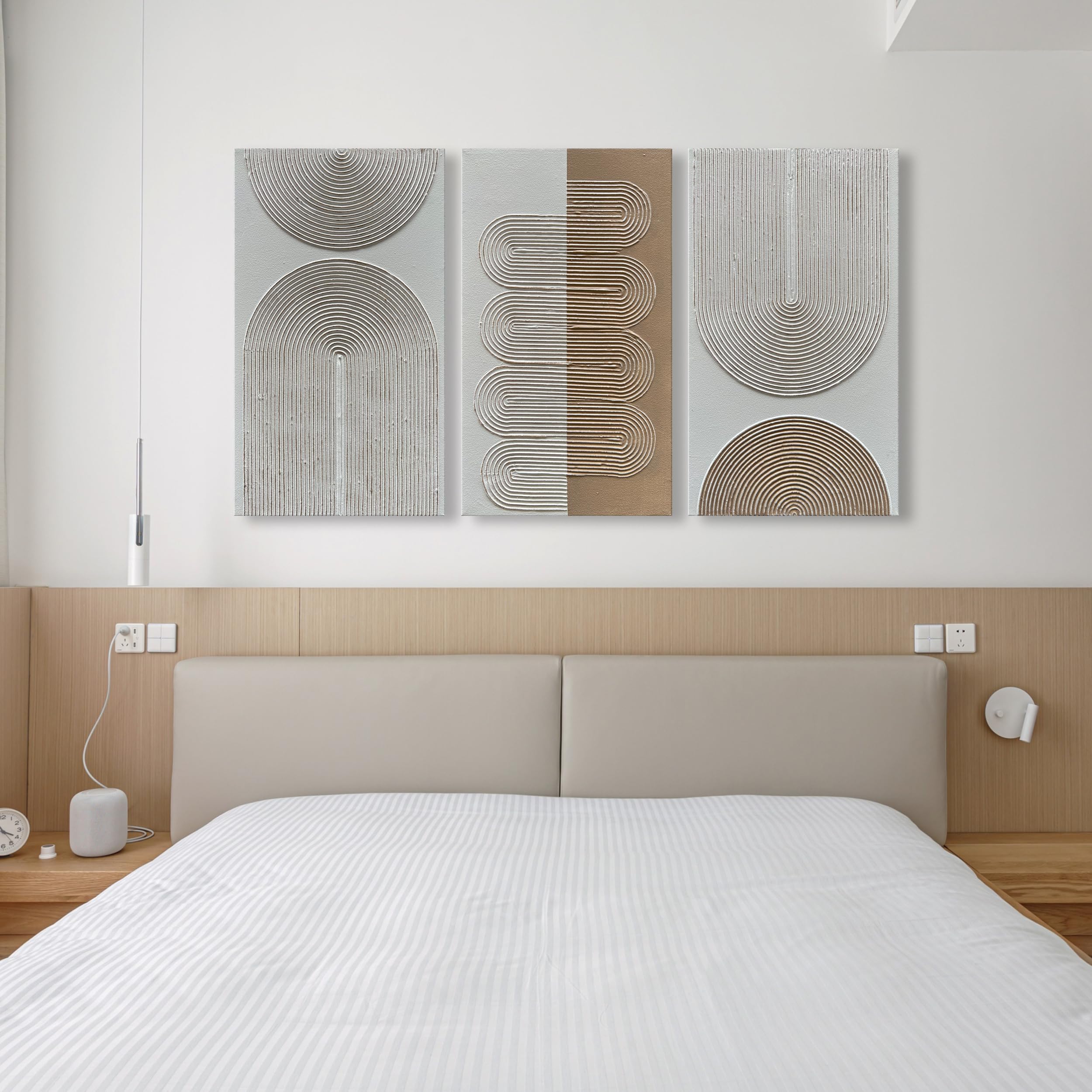 Hand-Painted Abstract Oil Painting Set of 3 - White & Brown Textured Contemporary Minimalist Wall Art (28x16 Inches) - Perfect for Living Room, Bedroom & Office Decor