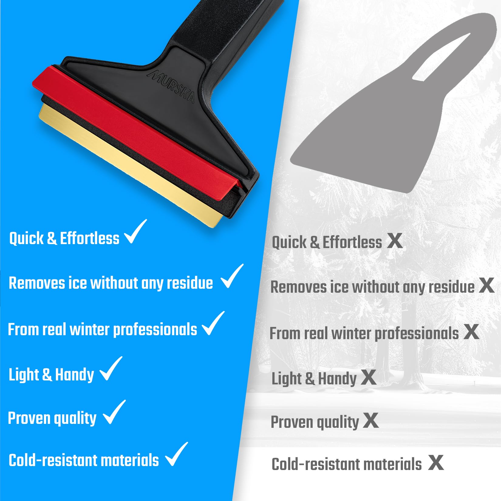 Premium 14.5 Inch Car Ice Scraper with Brass Blade & Long Handle - Heavy Duty Snow Scraper for Windshield - Original Murska European Design (Black & Red) - Perfect for Winter Car Care & Frozen Windshield Removal