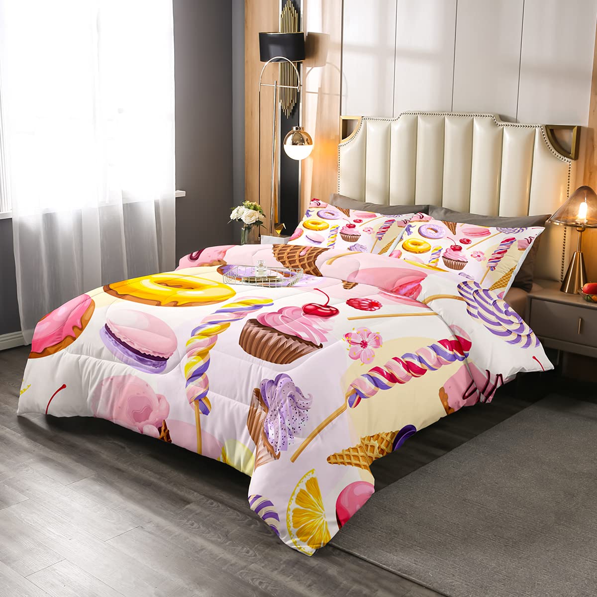 Erosebridal Donuts Comforter Set Queen Size - Sweet Dessert Themed Down Comforter for Kids & Teens, Ice Cream Pink Duvet Insert with Cherry Cake & Floral Design - Perfect for Girls' Bedroom Decor & Sleepovers
