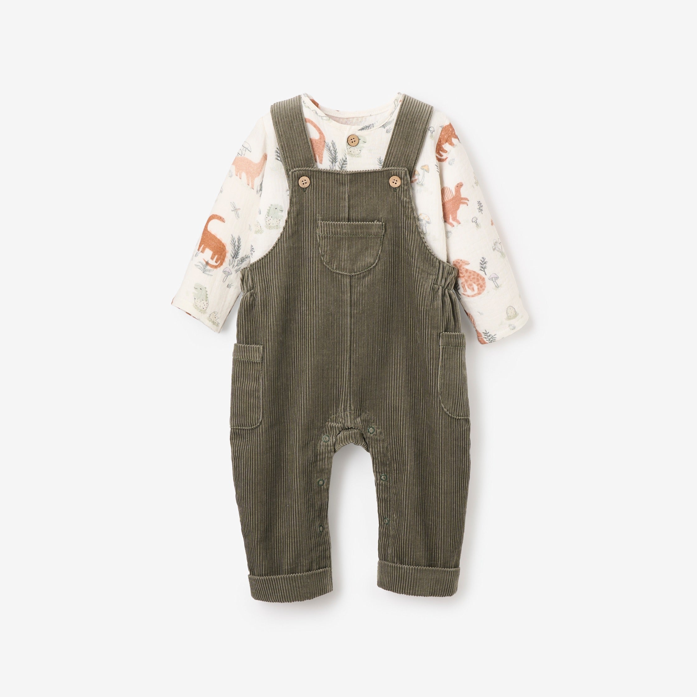 Organic Dinosaur Print Muslin Top & Corduroy Overalls Set for Baby Boys & Girls - Soft Cotton Outfit for Playtime, Daycare & Photo Shoots