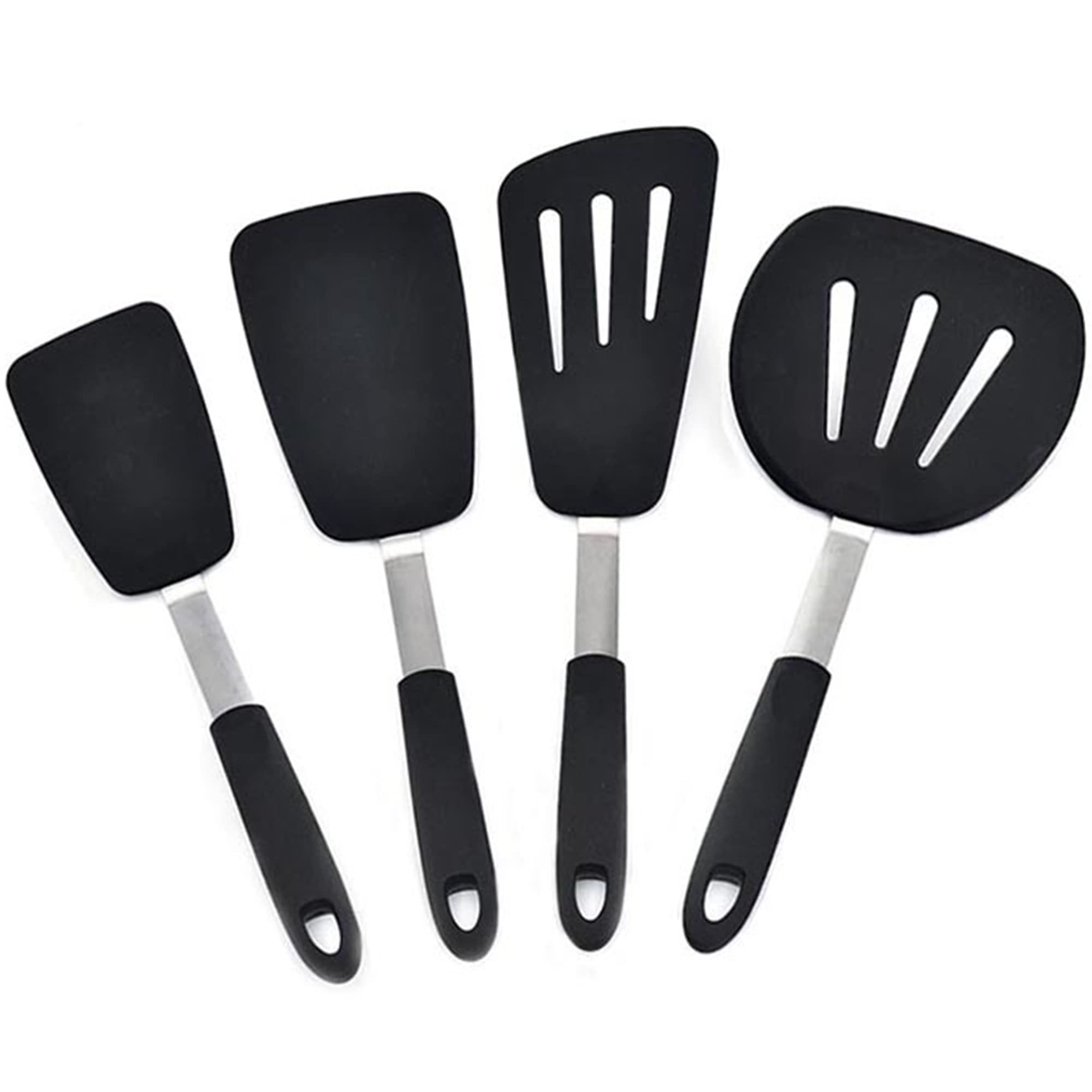 4-Piece Silicone Spatula Set - Non-Stick Stainless Steel Long Handle Cooking Utensils for Baking, Flipping Eggs & Pancakes - Heat-Resistant Kitchen Spatula Turner for Grilling, Frying & Cooking (Black)