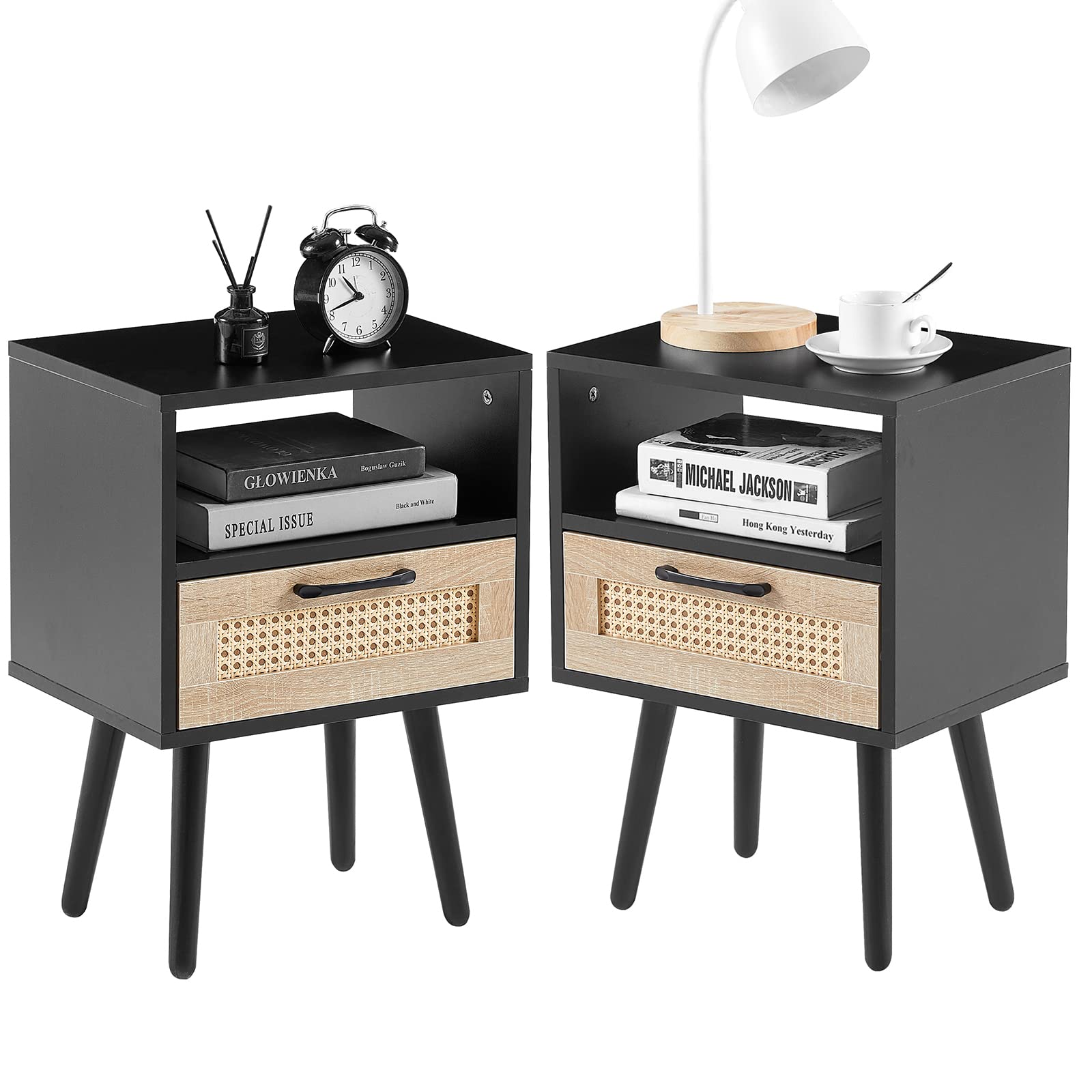 2-Piece Rattan Nightstand Set with Drawer - Boho Bedside Table with Solid Wood Legs & Open Shelf - Modern End Table for Bedroom, Living Room (Black) - Perfect for Small Spaces & Apartment Decor