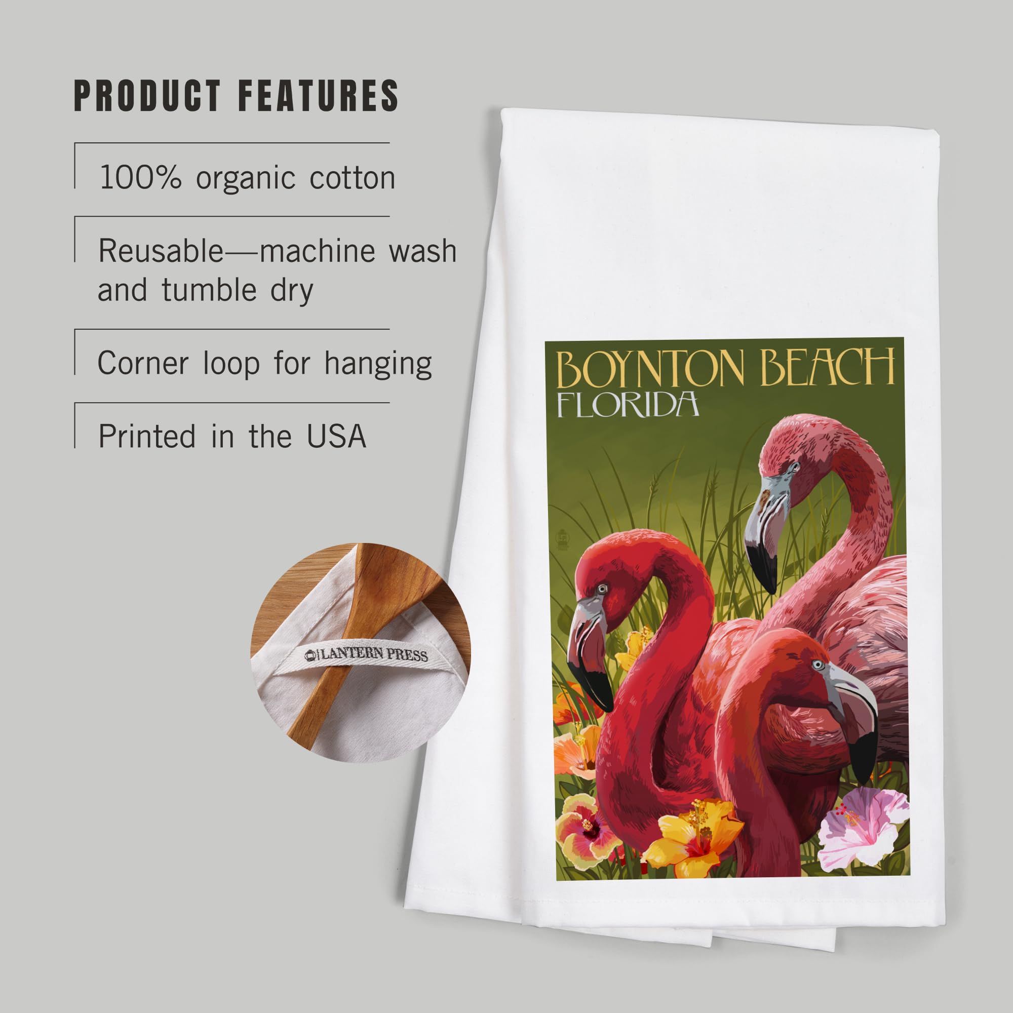 Lantern Press Boynton Beach Florida Flamingos 100% Cotton Tea Towel - Decorative Hand Towel for Kitchen & Home - Perfect for Dish Drying, Gift Giving & Coastal Decor