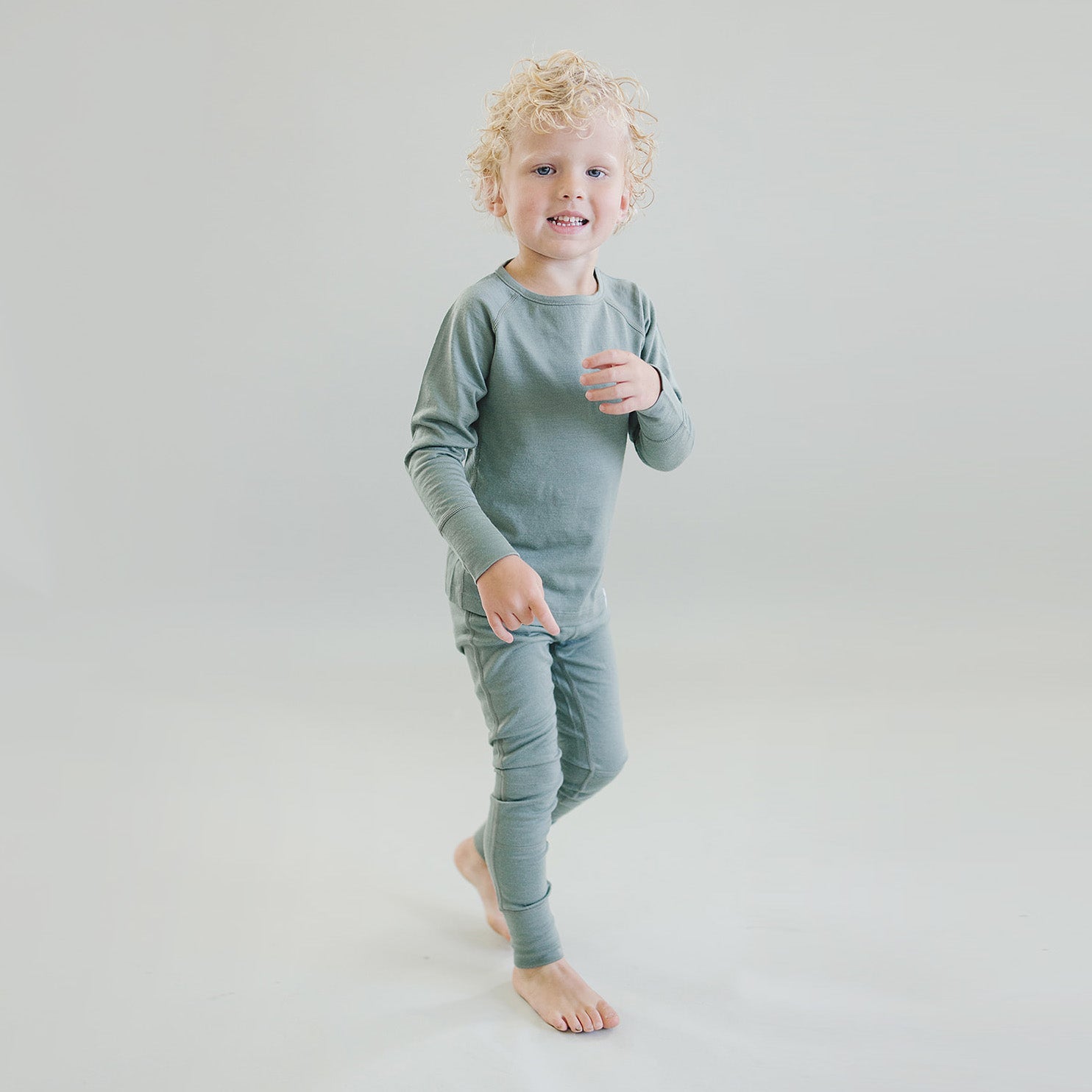 Kids Merino Wool Base Layer - Long Sleeve Thermal Top in Sage Green | Perfect for Winter Outdoor Activities & Layering
