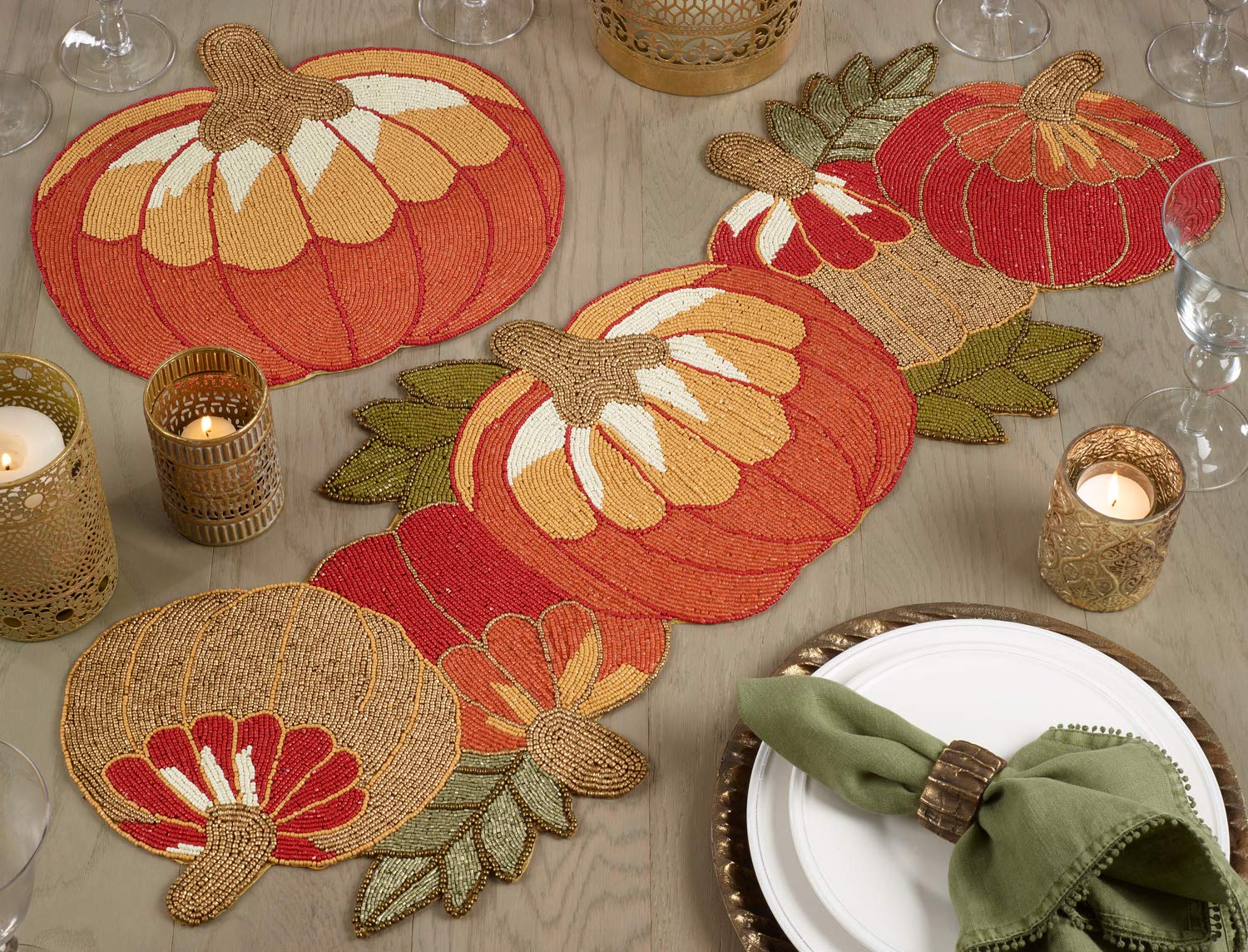 Fennco Styles Contemporary Beaded Pumpkins 14x14 Inch Placemats - Set of 2 Orange Thanksgiving Table Mats for Dinner, Fall Decor, Family Gatherings & Holiday Home Decor | Perfect for Autumn Tablescapes, Harvest Parties & Cozy Dining Settings