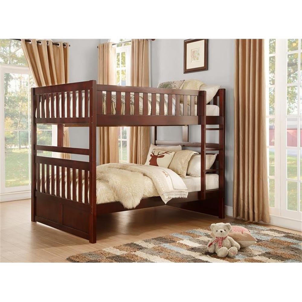 Lexicon Rowe Transitional Wood Full Over Full Bunk Bed in Dark Cherry - Space-Saving Kids & Guest Bedroom Furniture for Small Rooms & Shared Spaces