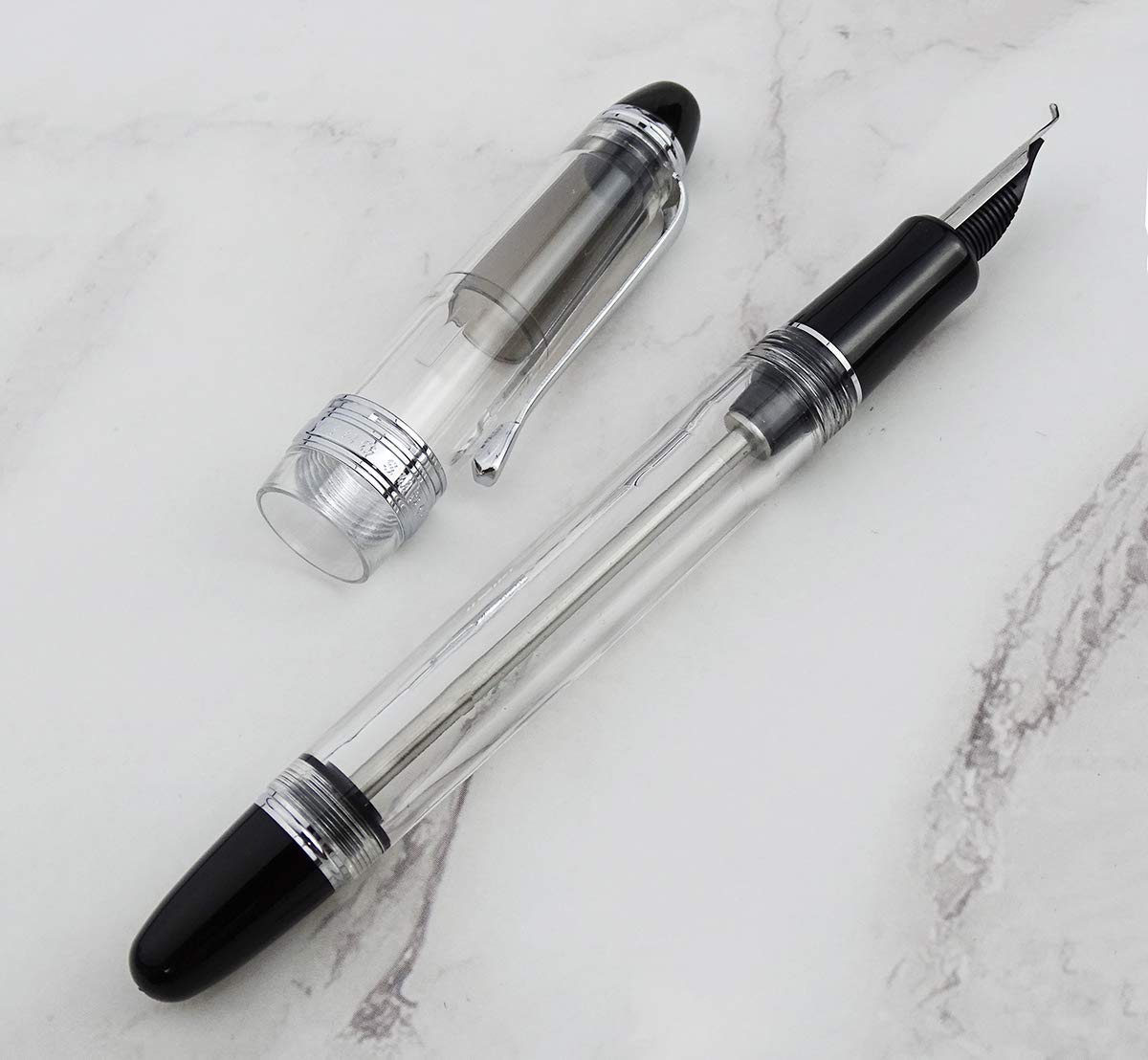 Lanxivi Yongsheng 699 Fountain Pen with Bent Nib (Fude Style) - Fine to Broad Line Variation, Vacuum Filling System, Transparent Clear Acrylic Body - Perfect for Calligraphy, Sketching & Artistic Writing