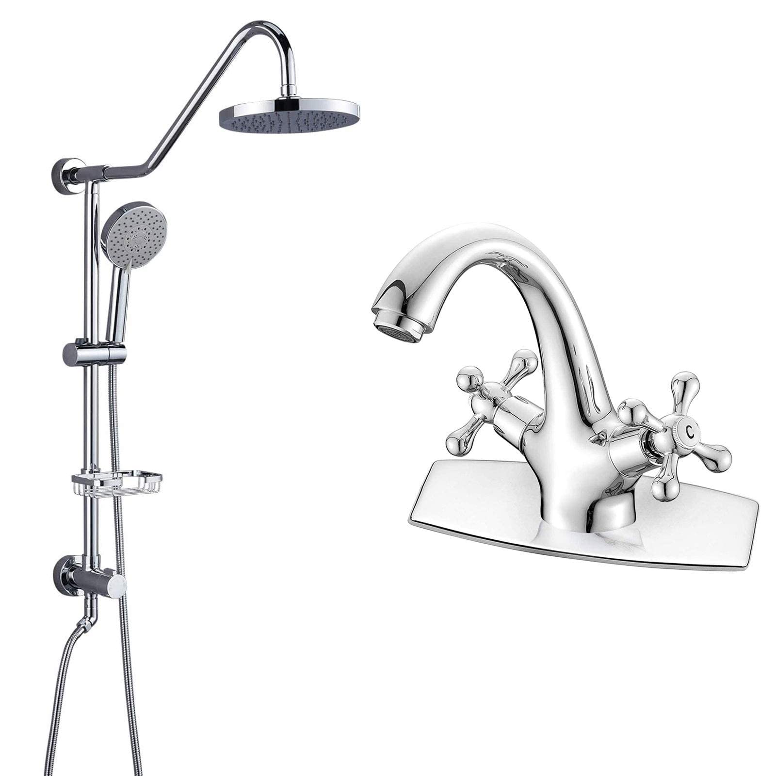 Aolemi Polished Chrome Retrofit Shower System - Matching Bathroom Vessel Sink Faucet with Double Cross Handle - Perfect for Modern & Vintage Bathroom Renovations