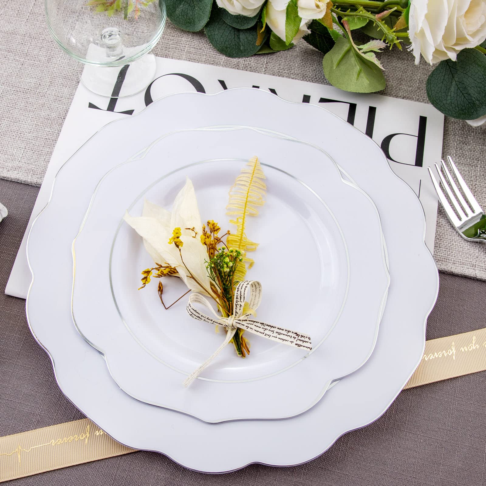 NOCCUR 175-Piece Silver Plastic Dinnerware Set - Elegant Silver Rim Plates & Utensils for Christmas, Weddings, Parties (25 Dinner Plates, 25 Dessert Plates, 25 Forks, 25 Knives, 25 Spoons) - Perfect for Holiday Gatherings, Catering Events & Special Occasions
