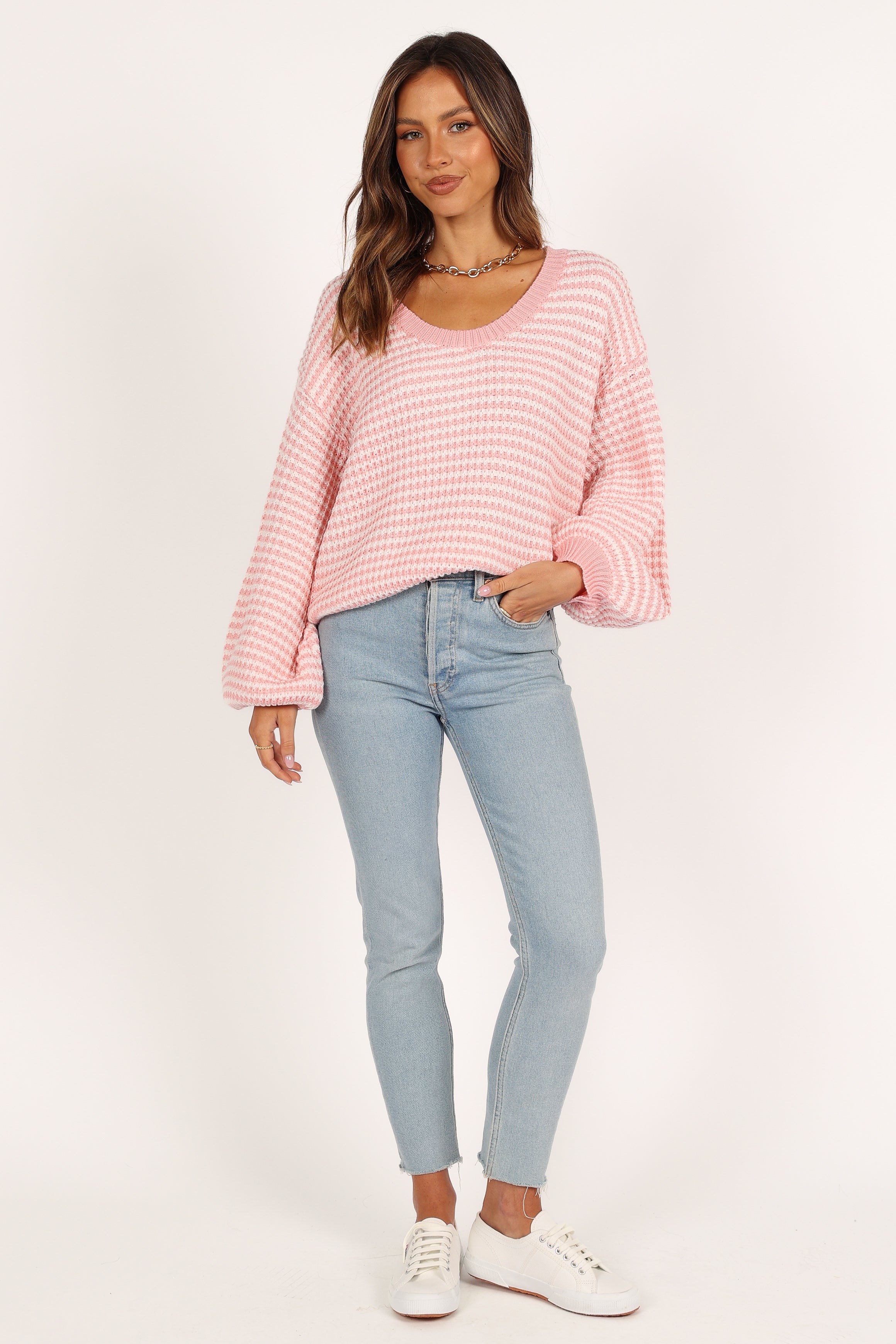 Becca Women's Waffle Knit Sweater - Striped Crewneck Pullover (Pink) | Cozy Casual Wear for Fall & Winter | Perfect for Office, Dates & Weekend Outings