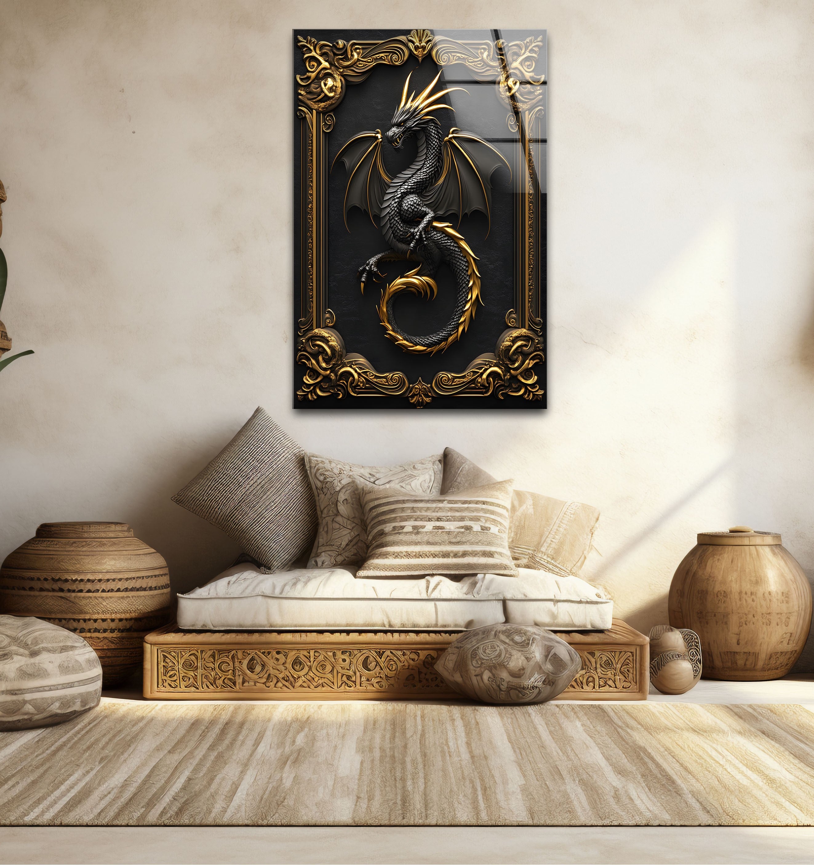 Black and Gold Dragon Fantasy Glass Wall Art - Majestic Home Decor for Living Room, Bedroom & Office