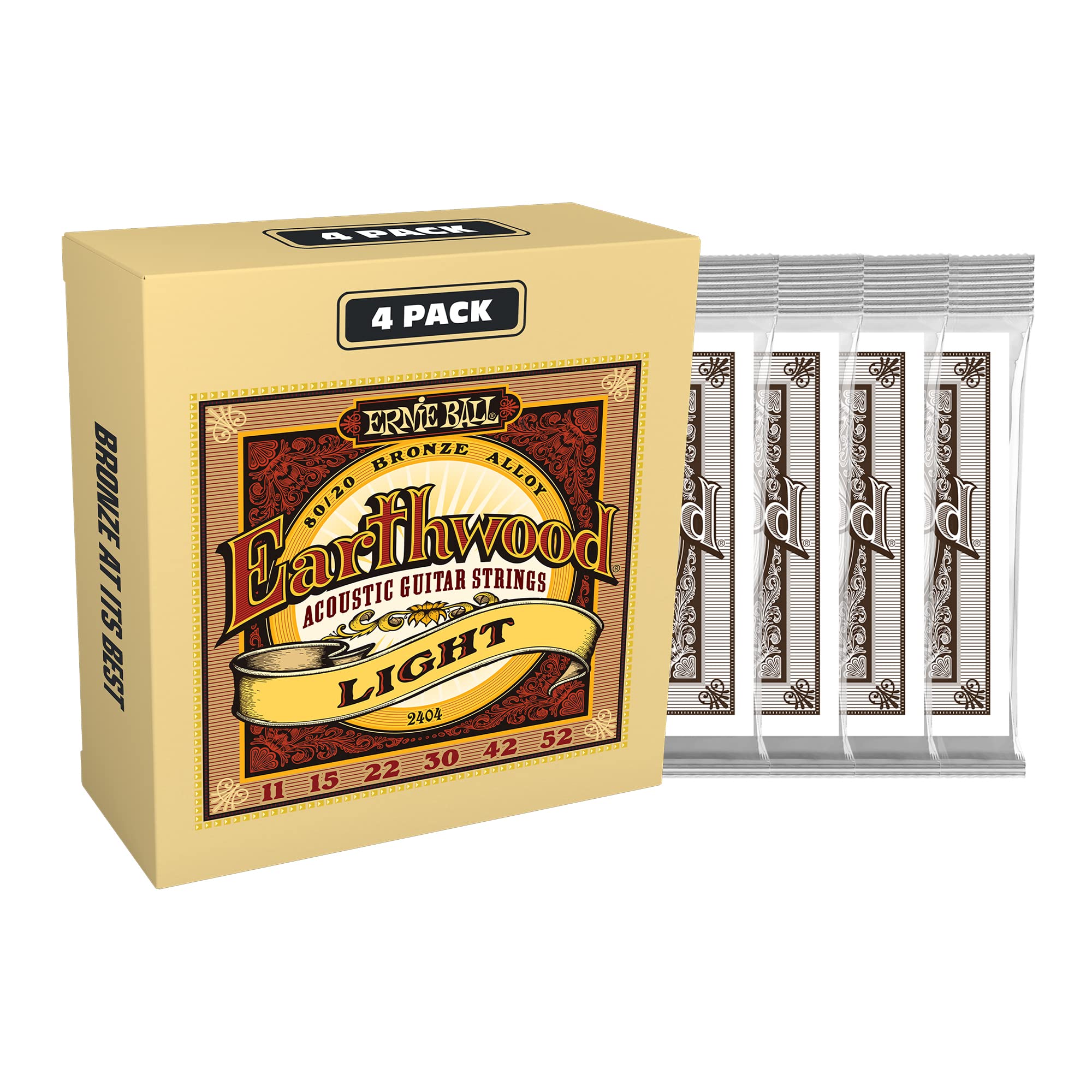 Ernie Ball Earthwood 80/20 Bronze Acoustic Guitar Strings 4-Pack - Light 11-52 Gauge (P02404) | Perfect for Folk, Country & Fingerstyle Playing
