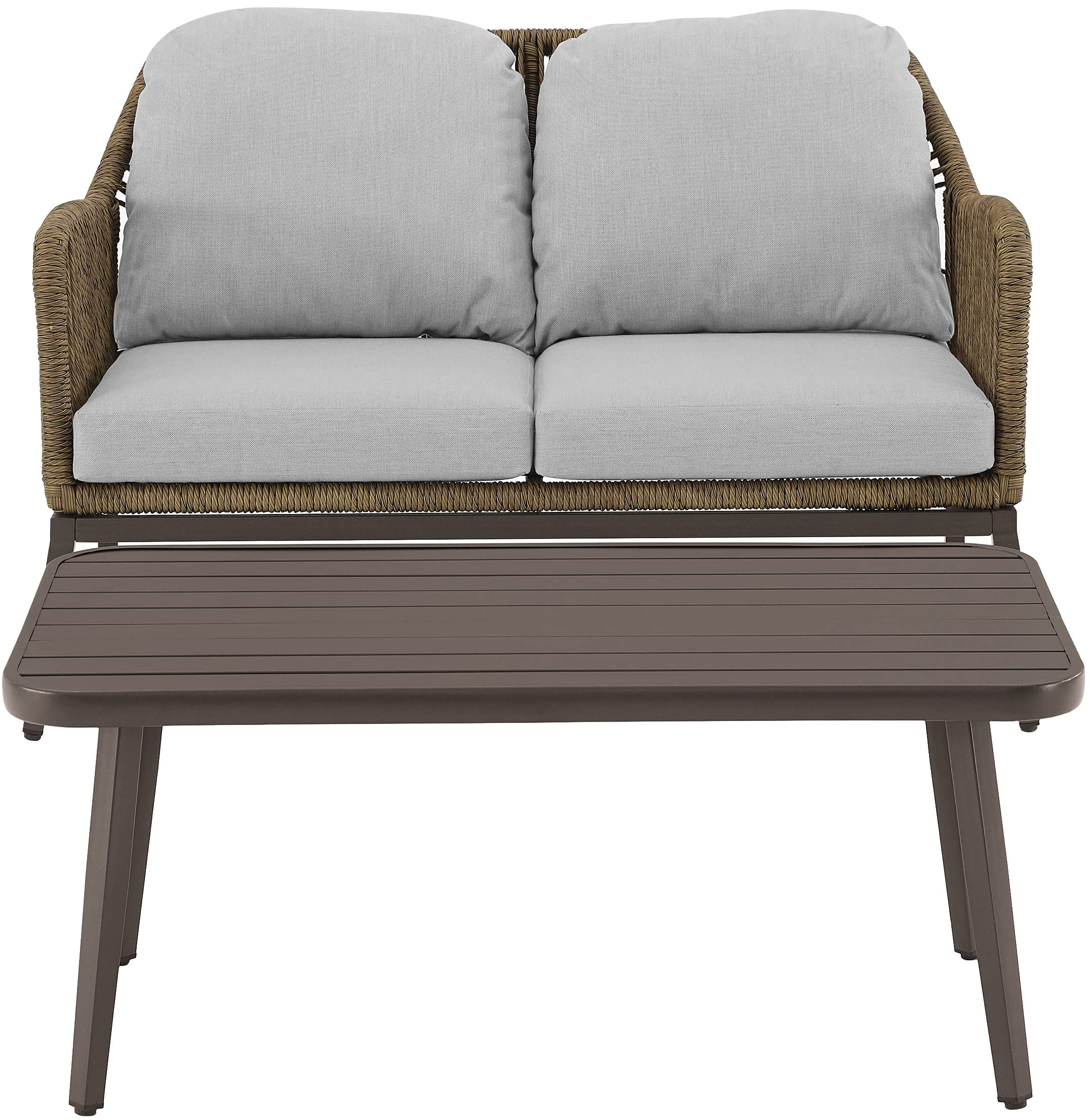 Crosley Furniture Haven 2-Piece Wicker Outdoor Coffee Table and Loveseat Set - Light Brown Patio Furniture with Gray Cushions for Porch, Garden & Backyard Relaxation