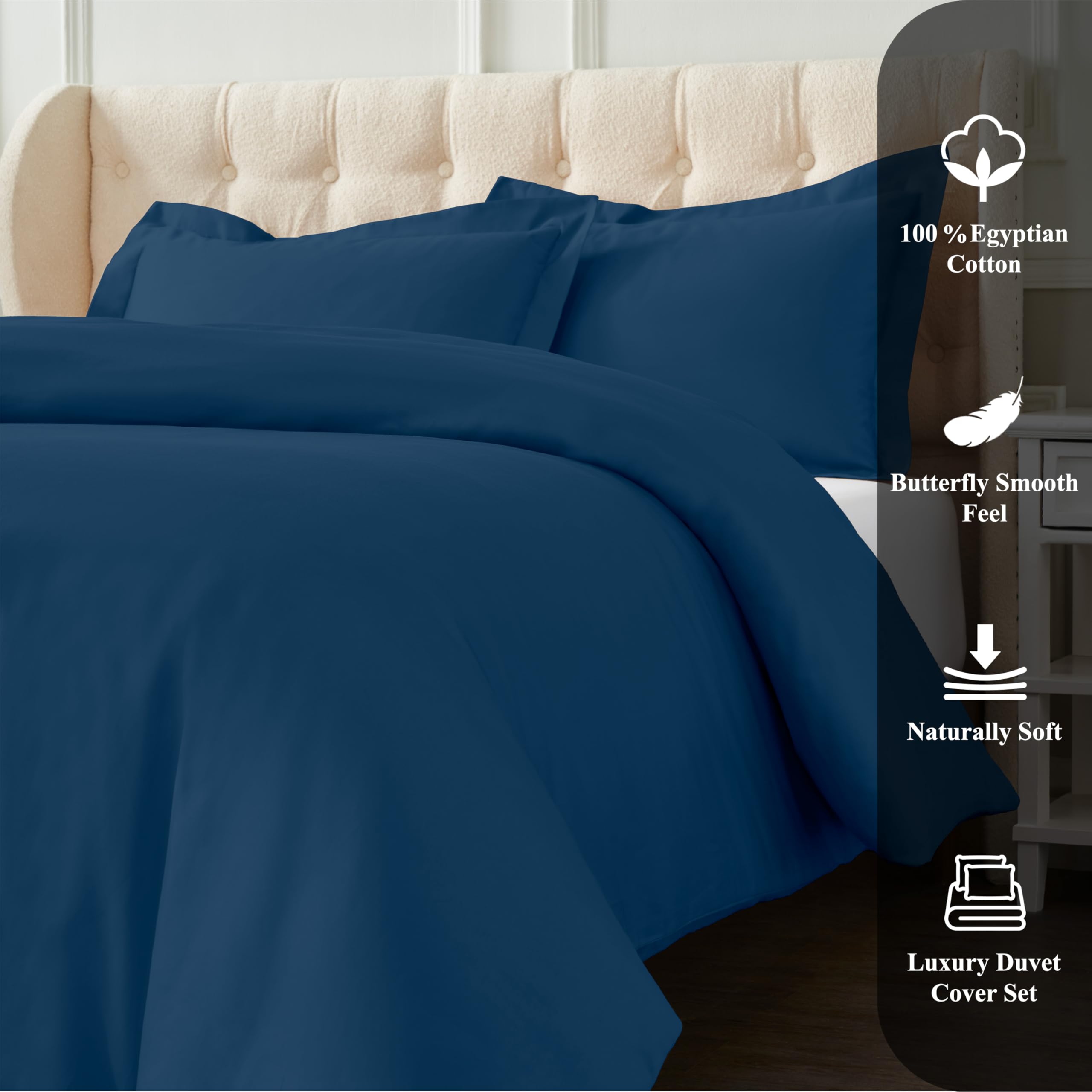 Premium 1200 Thread Count Egyptian Cotton Duvet Cover Set - 3 Piece (1 Duvet Cover + 2 Pillow Shams) - Ultra Soft Bedding for Full/Queen Size - Navy Blue Luxury Bedroom Decor - Perfect for Master Bedroom, Guest Room & Hotel Style Comfort