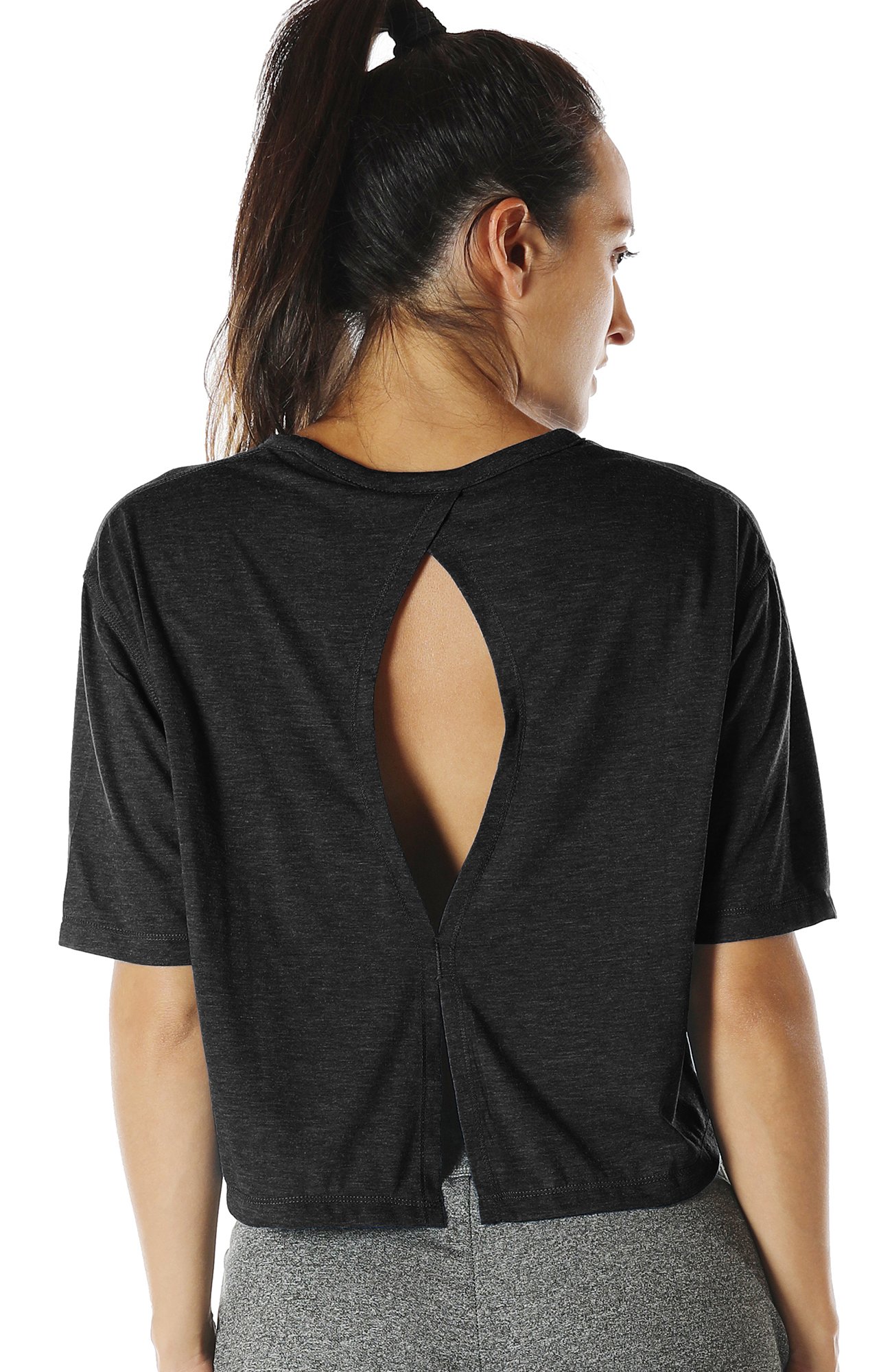 Icyzone Open Back Workout Top Shirts for Women - Breathable Yoga T-Shirts & Activewear Exercise Crop Tops (2-Pack, Black/Beige) - Perfect for Gym, Yoga & Running