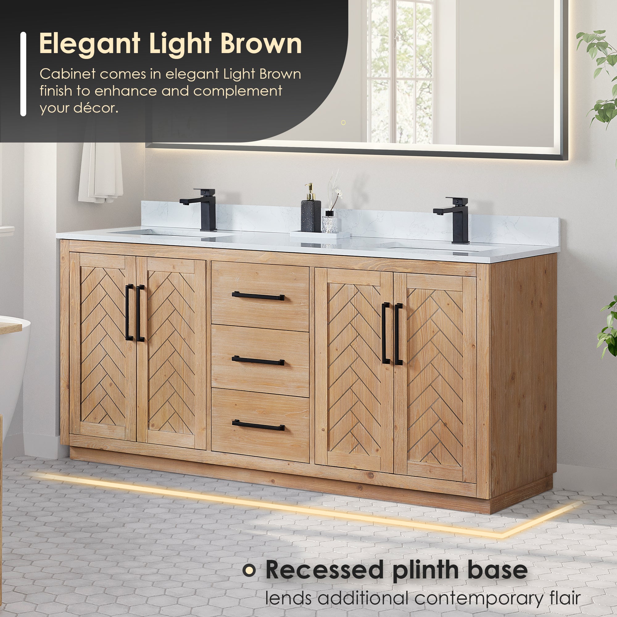 Anais 72 Inch Double Bathroom Vanity in Light Brown with Engineered Stone Countertop - Modern Bathroom Furniture for Master Bath & Guest Bath Renovation