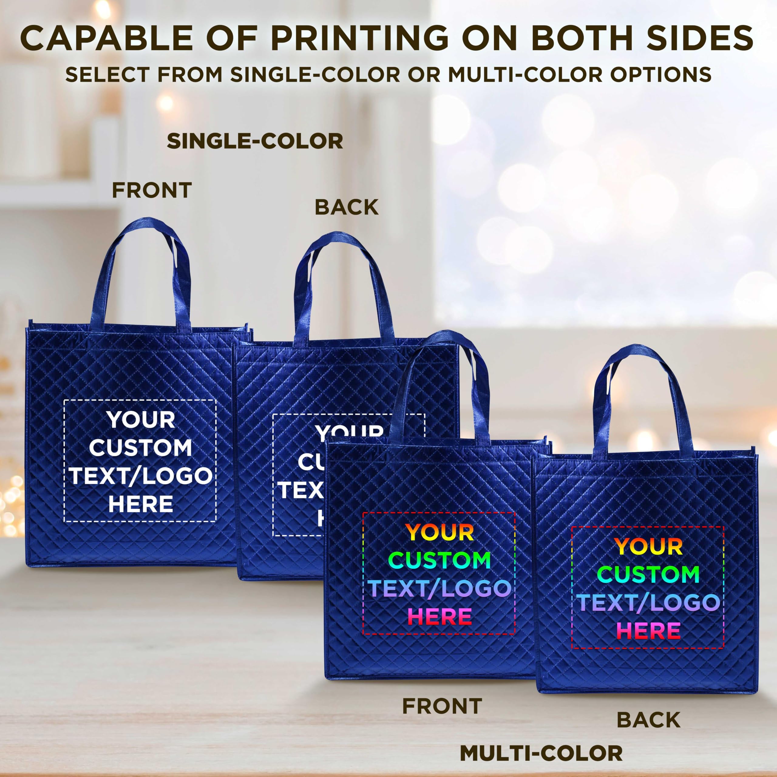 Custom Luxury Laminated Tote Bags - Bulk Pack of 50 Personalized Reusable Shopping Bags | Royal Blue | Perfect for Beach Outings, Wedding Favors, Corporate Events & Retail Promotions