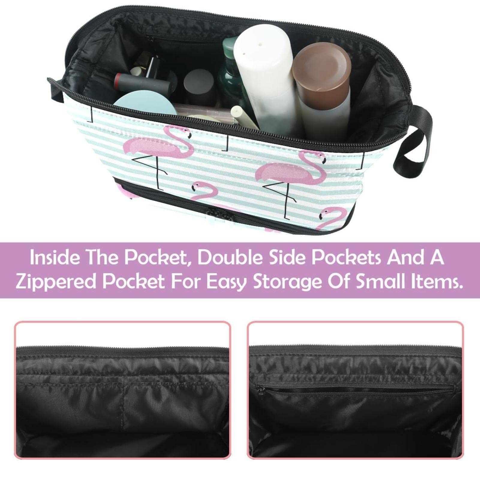 Large Makeup Bag for Women - Flamingo & Stripes Travel Cosmetic Organizer, Waterproof Toiletry Bag for Travel, Gym, and Daily Use