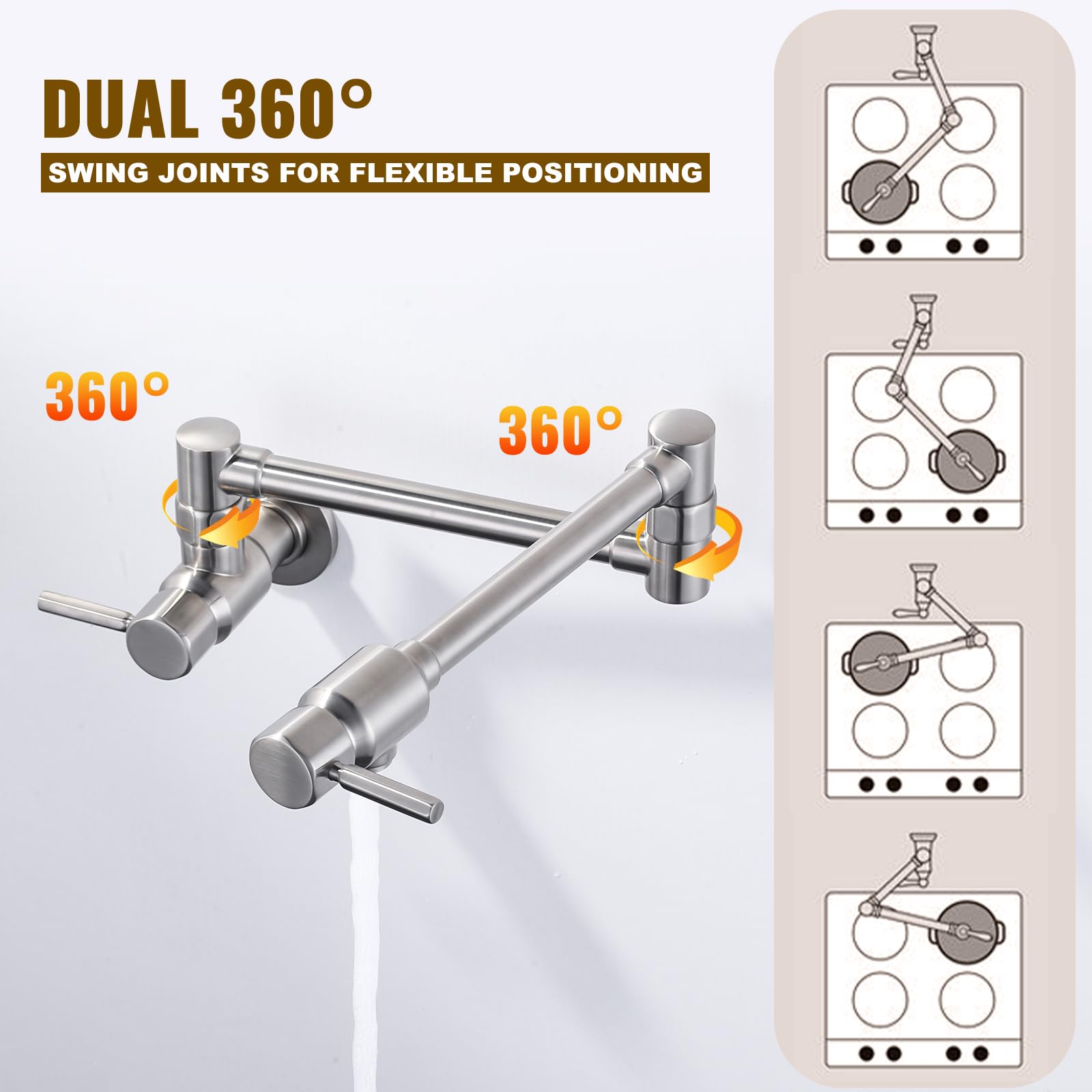 ALEASHA Brushed Nickel Pot Filler Faucet - Solid Brass Wall Mount Kitchen Faucet with Heavy Duty Folding Design for Easy Pot Filling | Perfect for Modern Kitchens, Cooking Stations & Home Chefs
