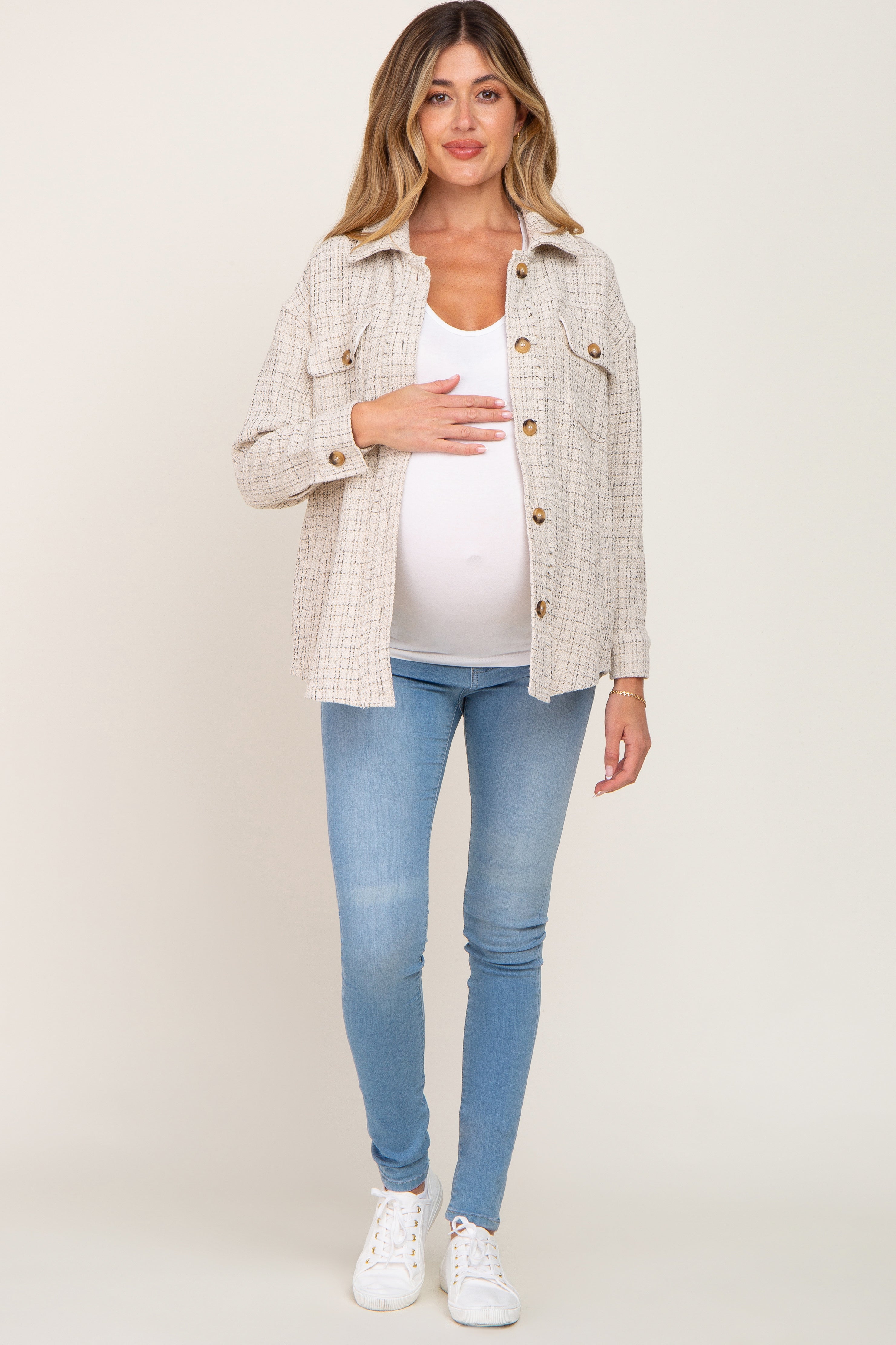 Stylish Beige Tweed Maternity Shacket with Front Pockets - Comfortable Pregnancy Jacket for Work & Casual Outfits