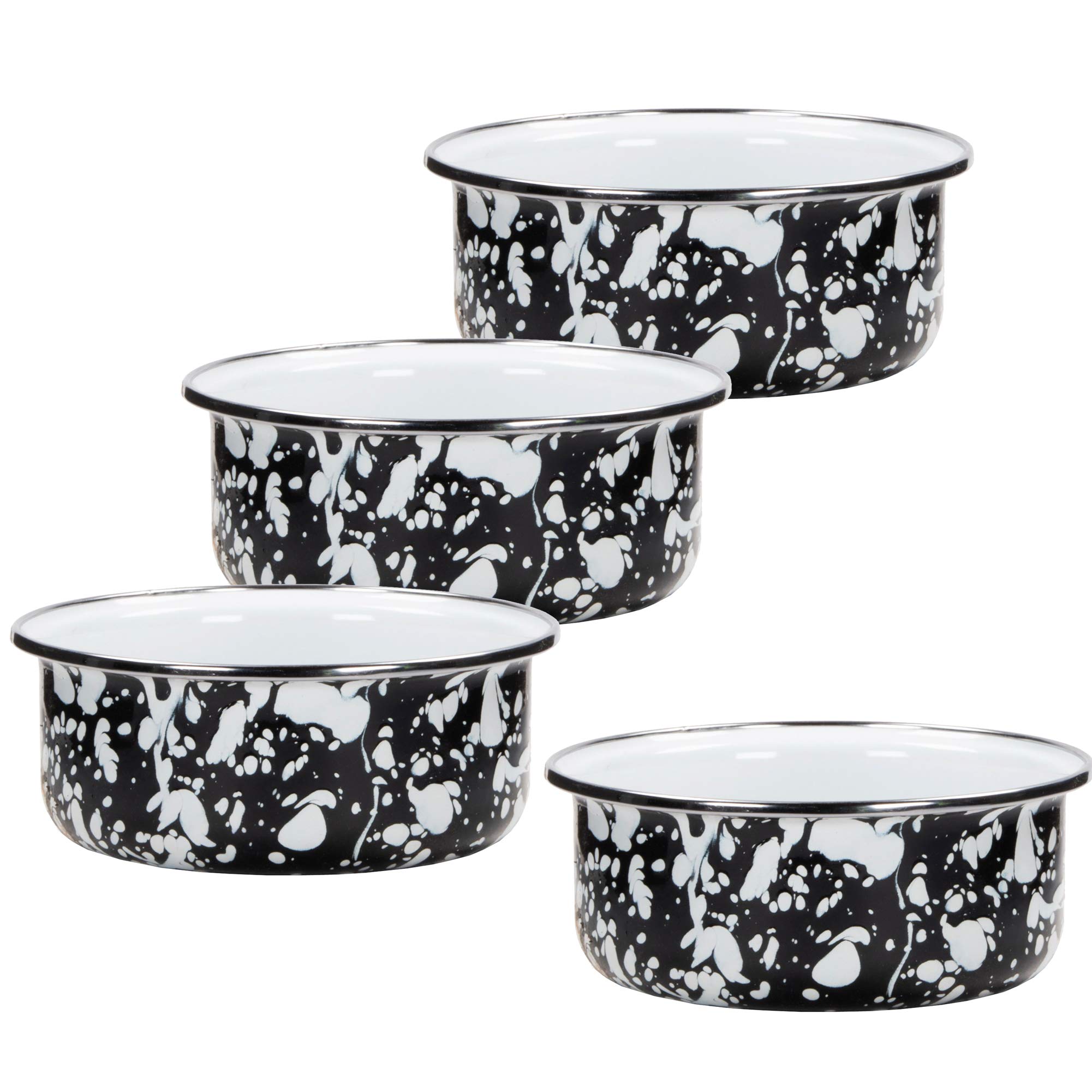 Golden Rabbit Enamelware Soup Bowls - Set of 4 (14oz Each) - Black Swirl Pattern - Durable & Stylish for Soup, Cereal, Ice Cream - Perfect for Camping, Picnics & Home Dining