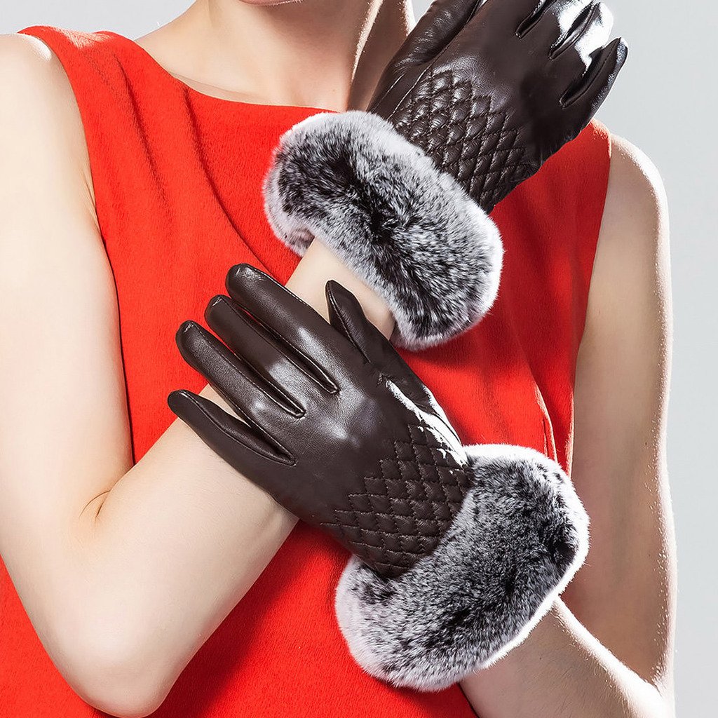 Women's Winter Leather Gloves with Rabbit Fur Cuff - Touchscreen Compatible Cold Weather Gloves for Driving, Outdoor Activities & Daily Use | Fashionable Snow Skiing Accessories & Warm Winter Essentials for Shopping, Commuting and Holiday Gifts | Perfect for Winter Sports, City Life and Christmas Presents