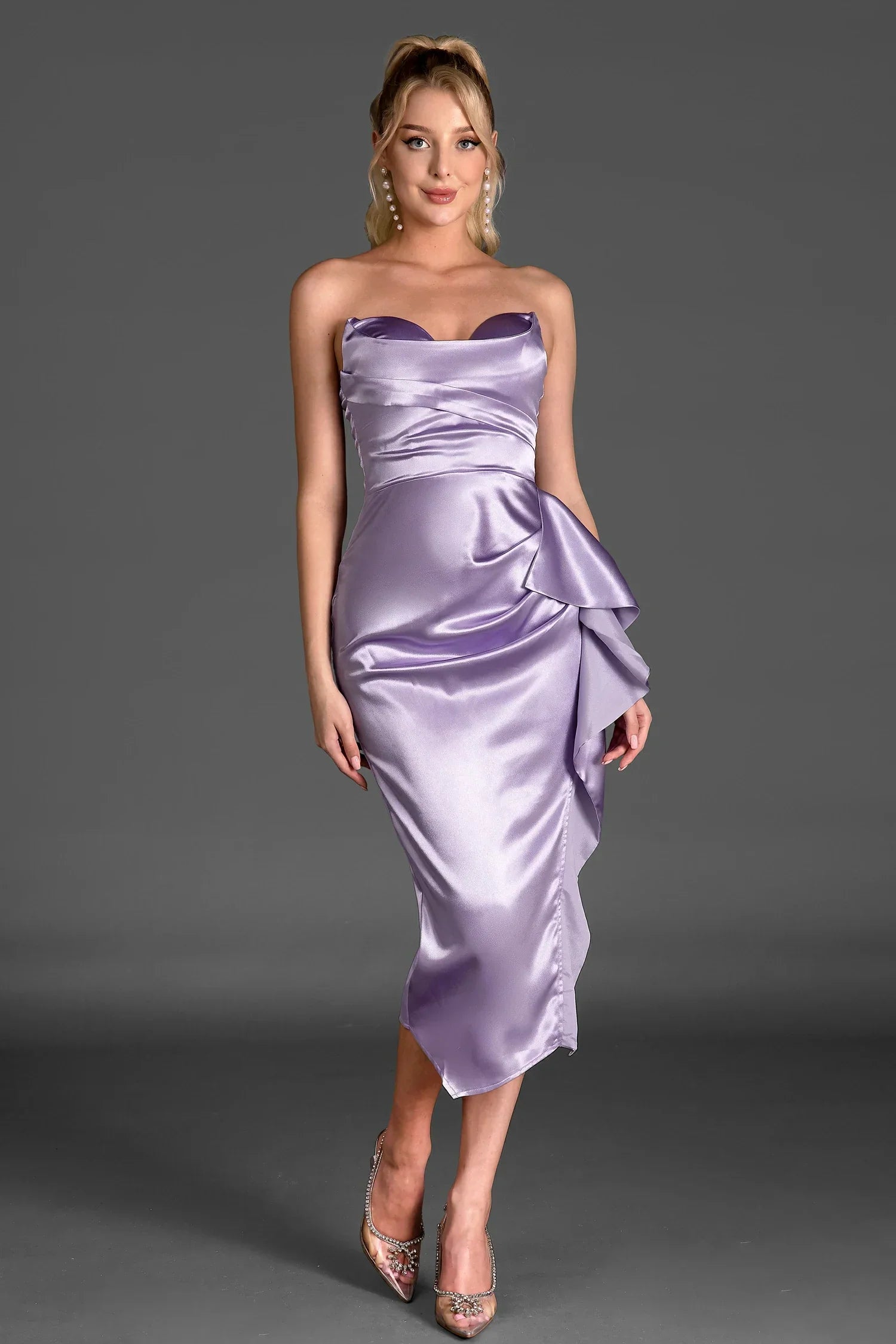Herakles Strapless Satin Ruffle Dress for Women - Elegant Evening Gown for Prom, Cocktail Party & Special Occasions