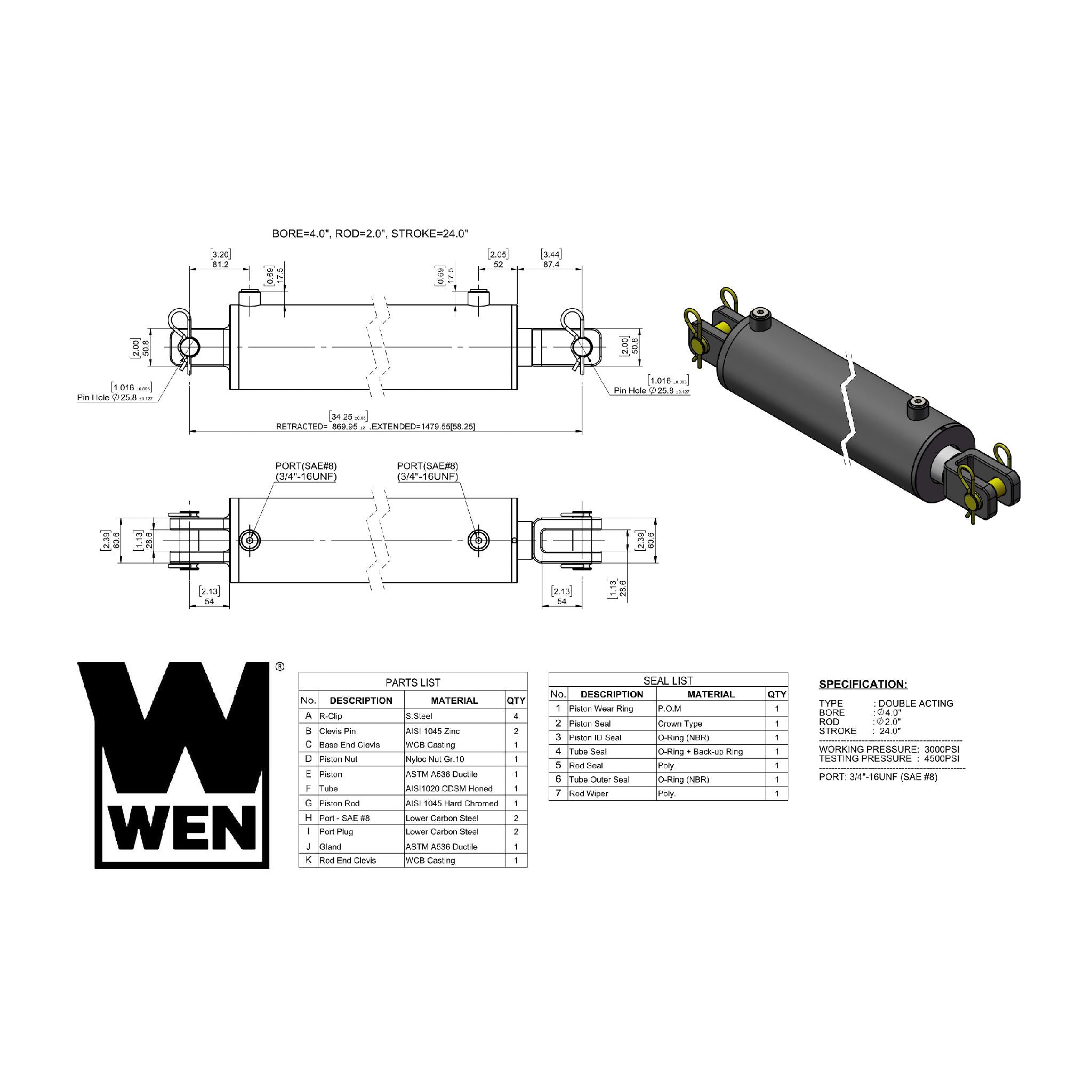 WEN CC4024 Hydraulic Cylinder - 4 Inch Bore, 24 Inch Stroke - Heavy Duty Clevis Mount for Construction, Agriculture & Industrial Equipment