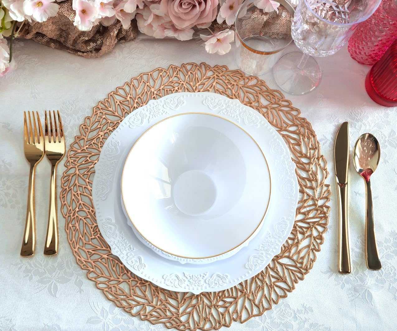 120-Pack Pressed Vinyl Metallic Placemats - Rose Gold Wedding Table Decor, Spring Party Centerpiece for Dining Table, Buffet & Special Events