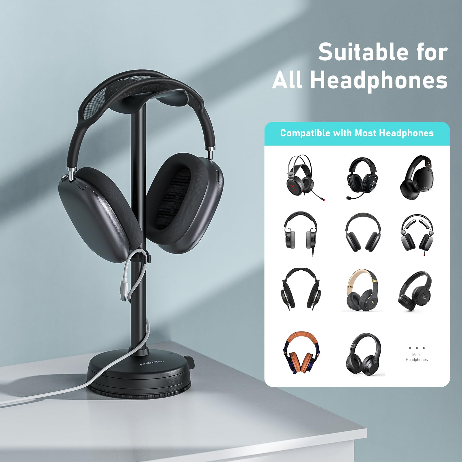 Premium Aluminum Headphone Stand with Anti-Slip Heavy Base & Suction Cup - Universal Desktop Headset Holder for AirPods Max, AirPods Pro, Sony, Beats, Bose, Sennheiser, HyperX, Razer - Perfect for Gaming Setup, Office Desk & Home Organization