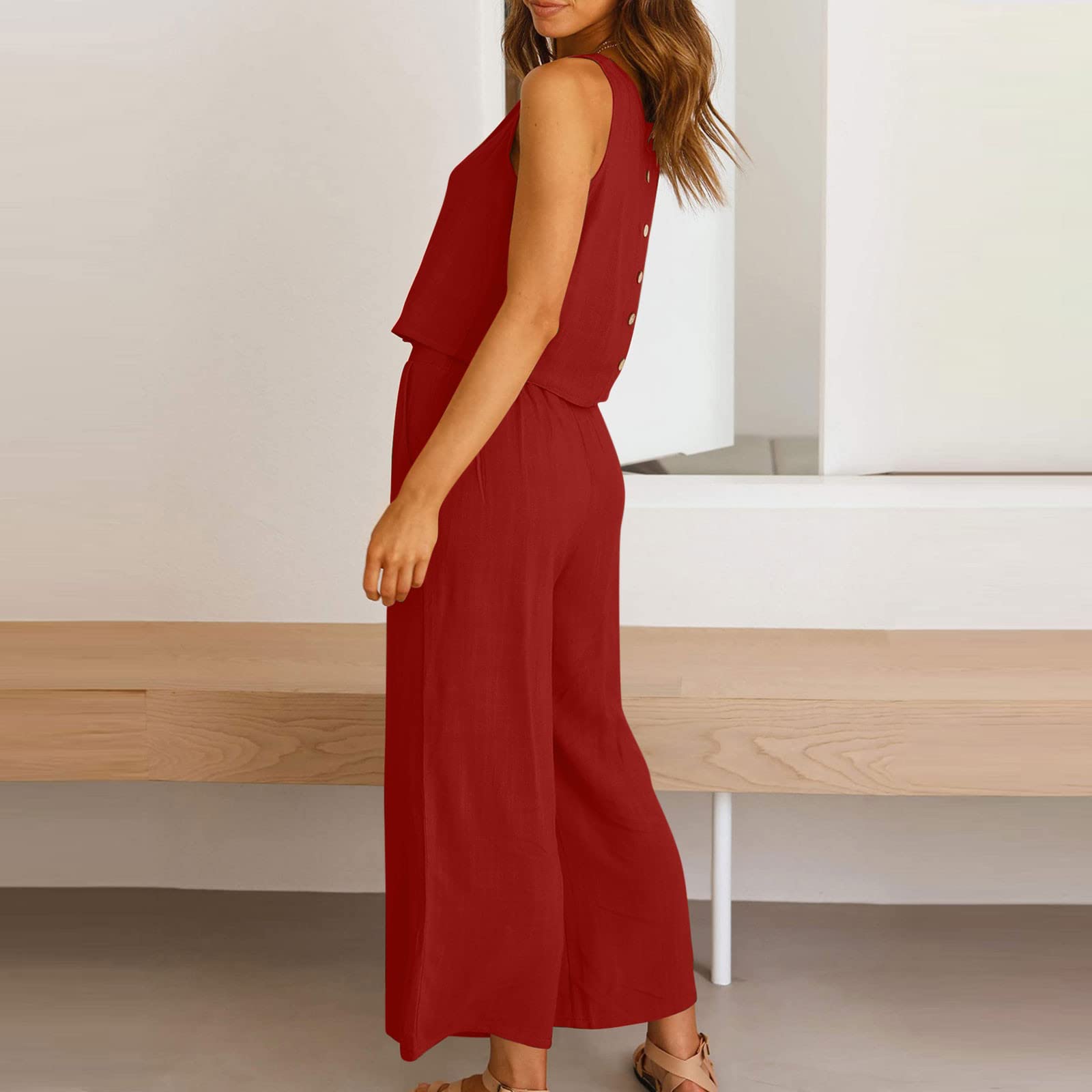 AMhomely Women's 2-Piece Cotton Linen Outfit - Sleeveless Vest Top & Wide Leg Pants Set with Button Back & Pocket | Elegant Matching Trouser Suits for Work, Office, and Summer Casual Wear