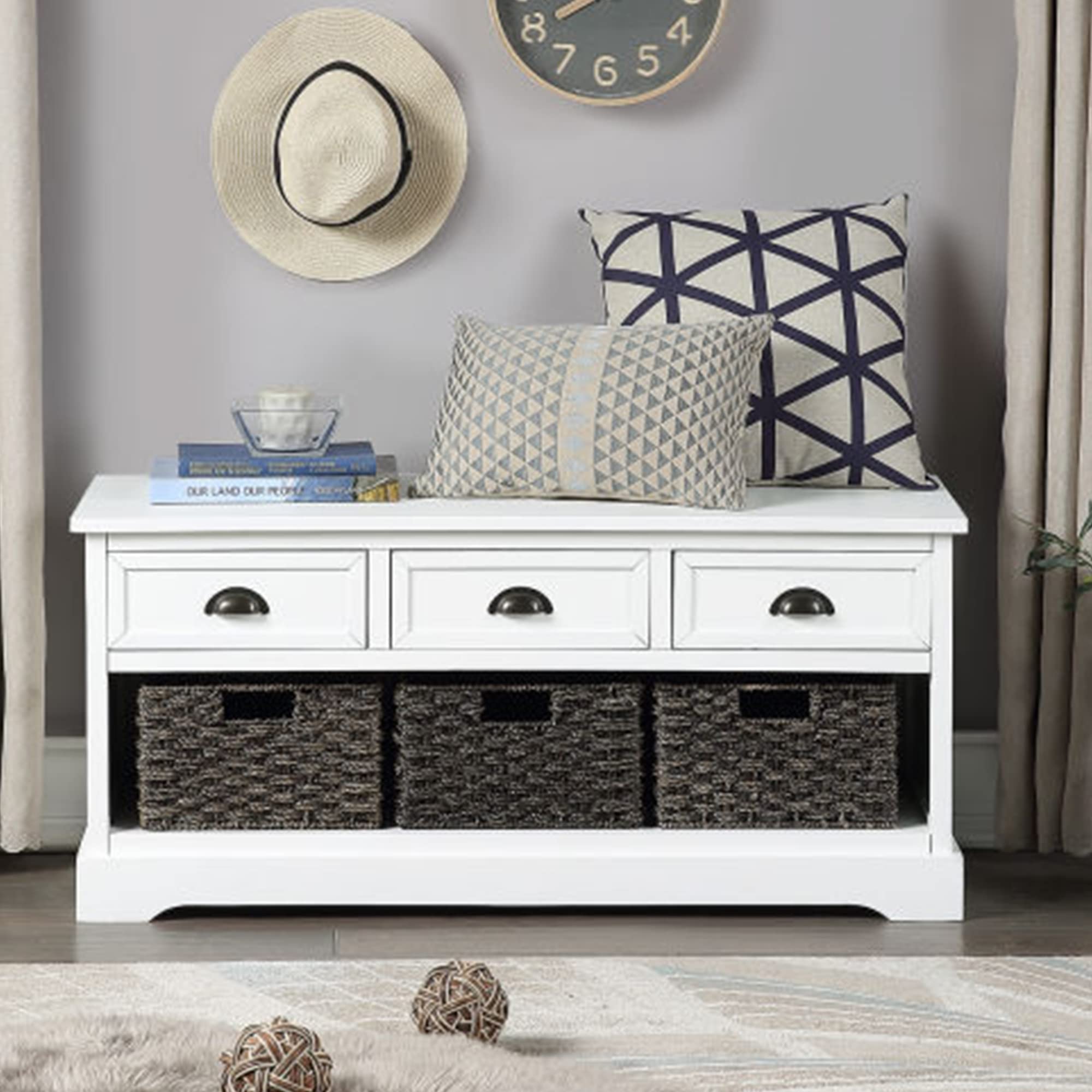 White Storage Bench with 3 Drawers & 3 Rattan Baskets - Entryway Organizer, Hallway Seat, Living Room Furniture - Perfect for Small Space Organization & Shoe Storage