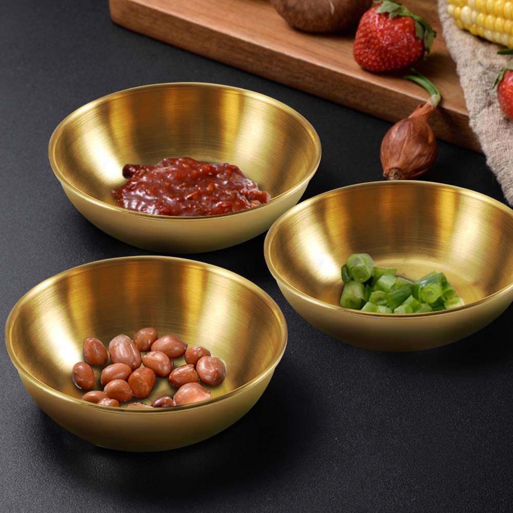 8-Pack 3.2 Inch Stainless Steel Mini Sauce Dishes - Round Individual Saucers for Sushi Dipping, Seasoning, Appetizers & Condiments - Golden Kitchen Serving Bowls for Parties, Restaurants & Home Use