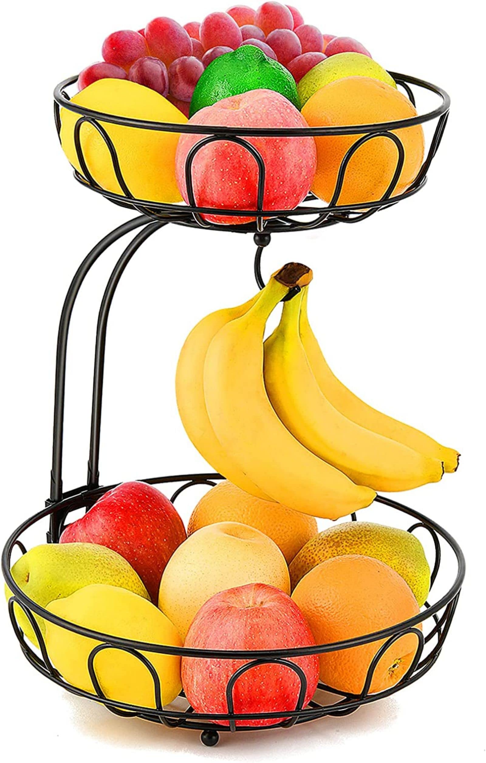2 Tier Wrought Iron Fruit Basket - Kitchen Countertop Storage Organizer with Removable Wire Bowls & Banana Hanger - Perfect for Storing Fruits, Vegetables in Dining Room, Pantry or Breakfast Nook