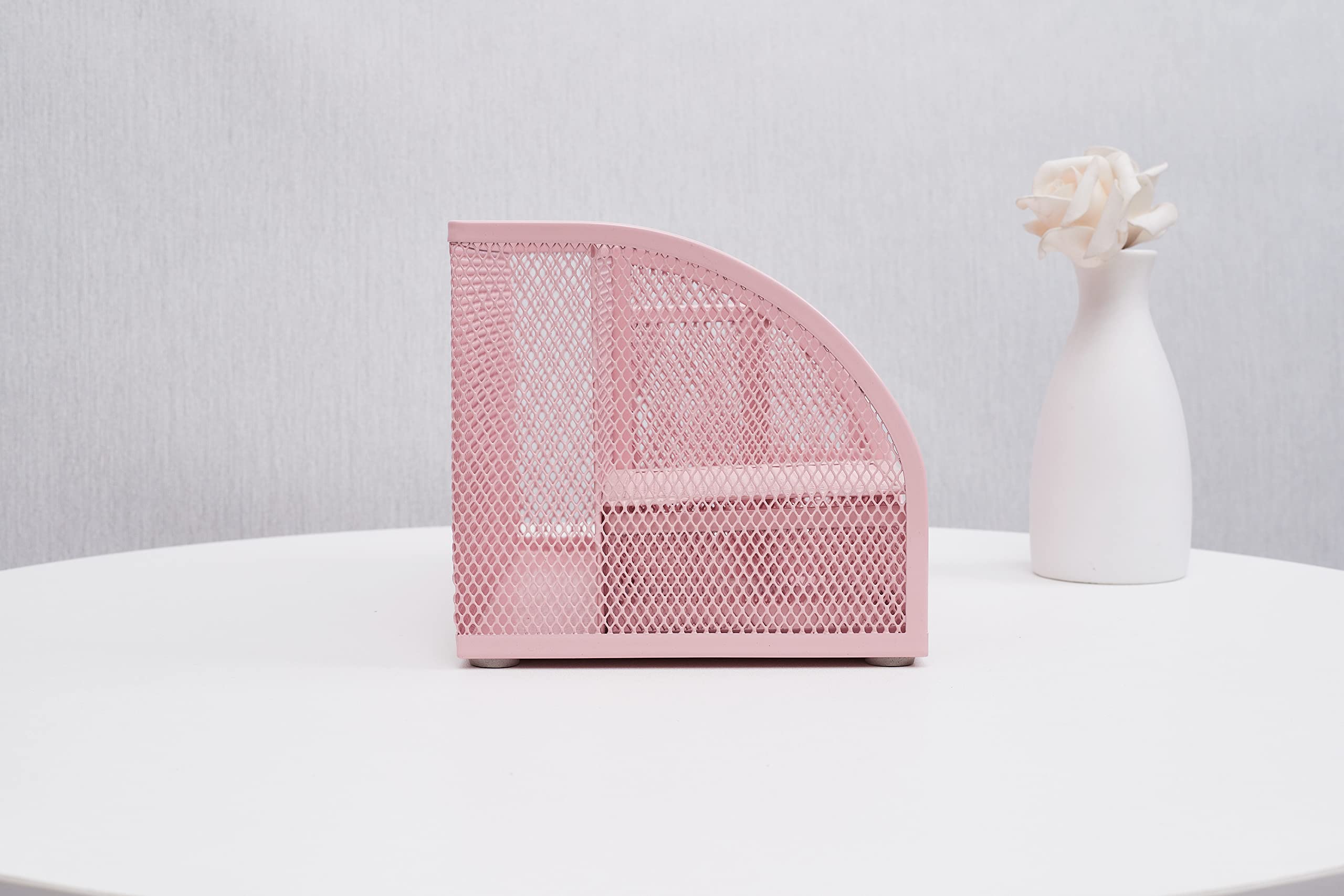 Annovo Mesh Desk Organizer with 7 Compartments & Drawer - Multifunctional Office Organizer for Pens, Candy, Supplies (Light Pink) - Perfect for Home Office, School Desk & Workspace Organization