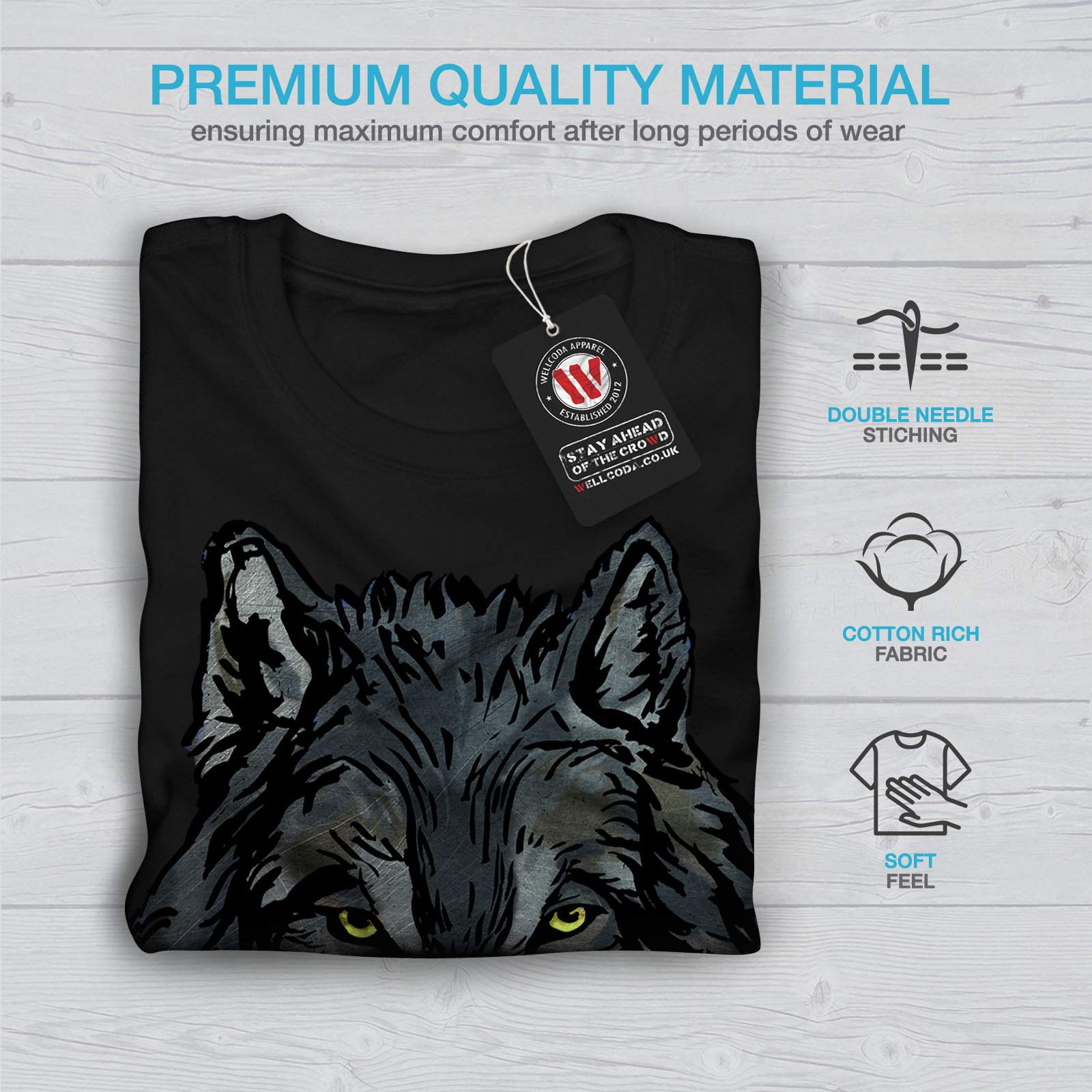 Wellcoda Men's Long Sleeve Graphic T-Shirt - Vintage Wolf Beast Eye Design, Soft Cotton Tee for Casual Wear, Street Style & Outdoor Adventures